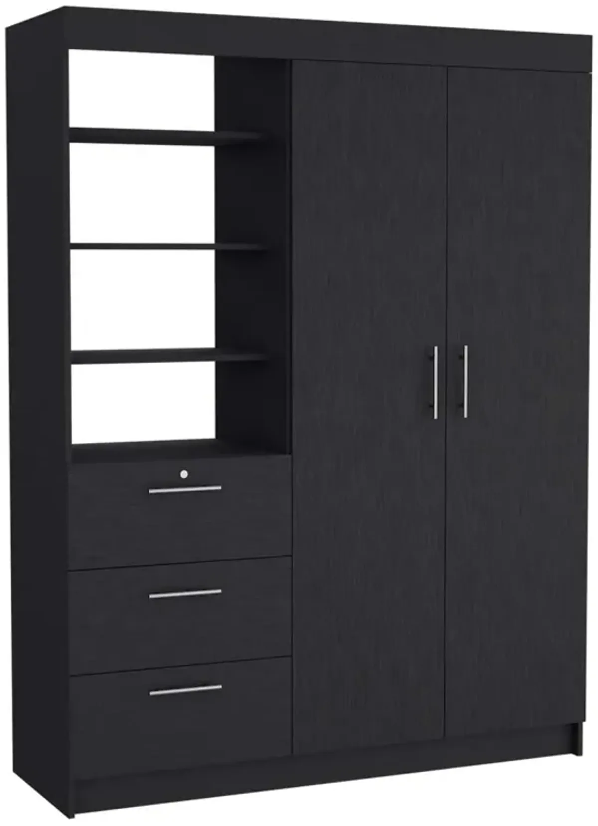 Kenya 3 Drawers Armoire, Double Door, 3-Tier Shelf - Black