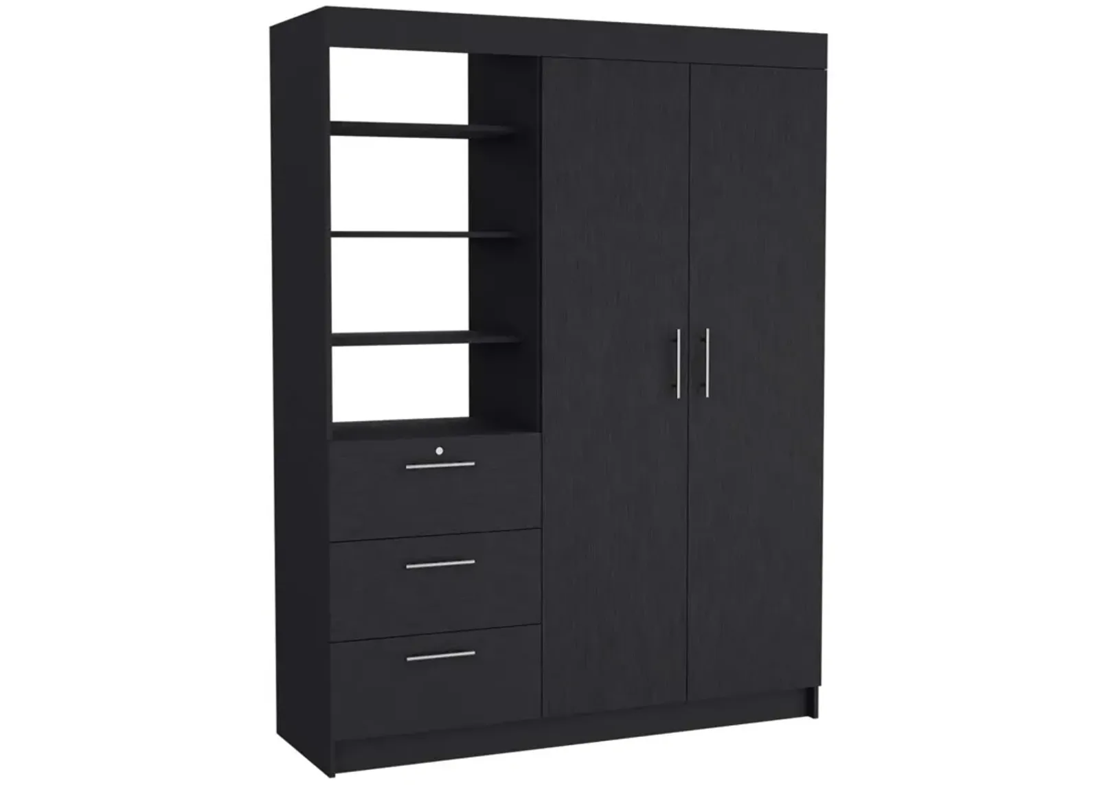 Kenya 3 Drawers Armoire, Double Door, 3-Tier Shelf - Black