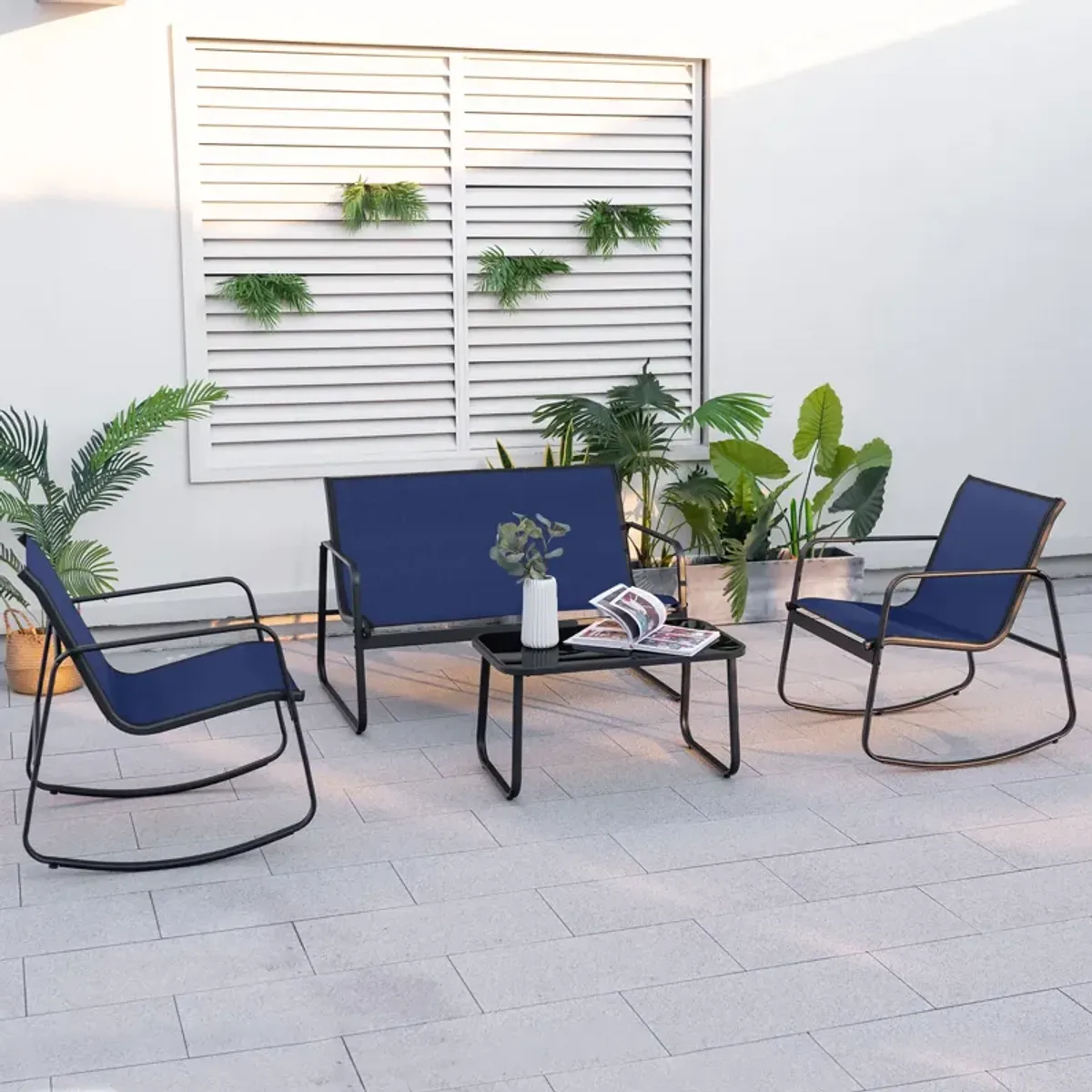4 Piece Patio Rocking Set with Glass-Top Table