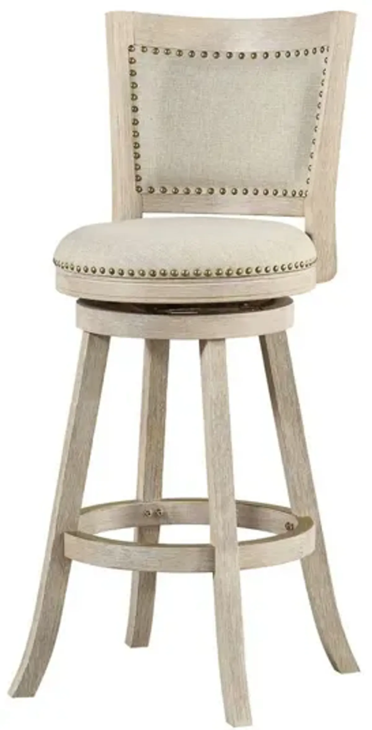 29 Inch Curved Back Wooden Swivel Bar Stool with Nailhead Trim, Gray-Benzara