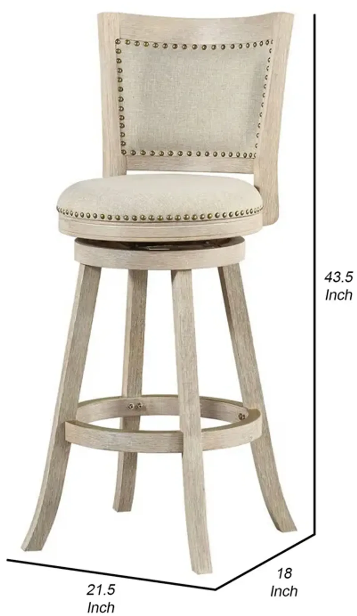 29 Inch Curved Back Wooden Swivel Bar Stool with Nailhead Trim, Gray-Benzara