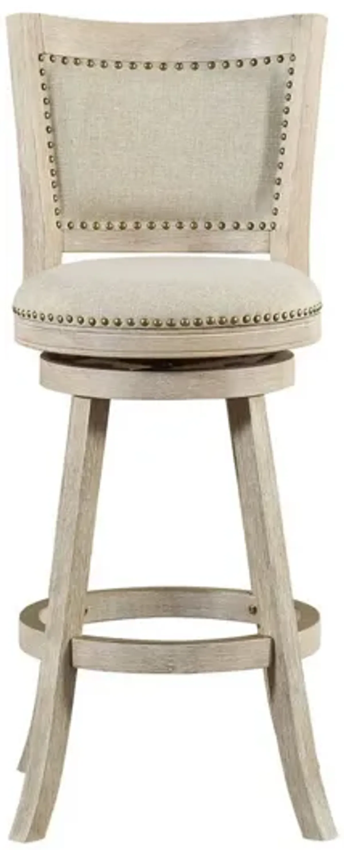 29 Inch Curved Back Wooden Swivel Bar Stool with Nailhead Trim, Gray-Benzara