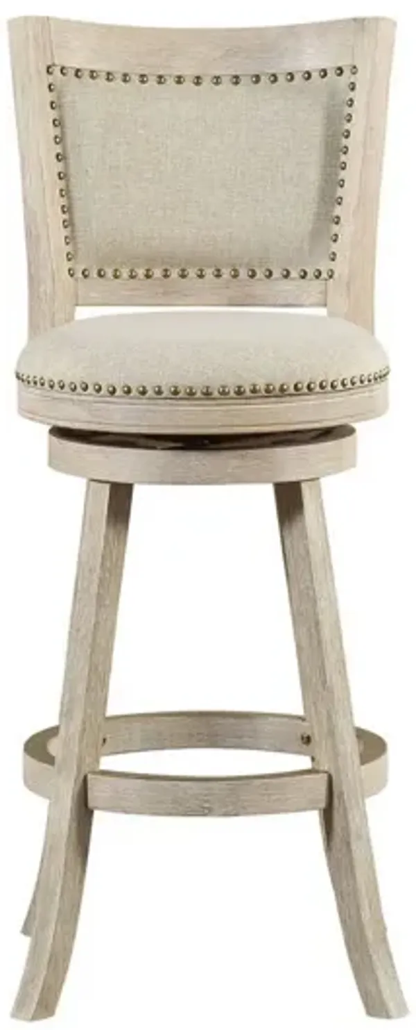 29 Inch Curved Back Wooden Swivel Bar Stool with Nailhead Trim, Gray-Benzara