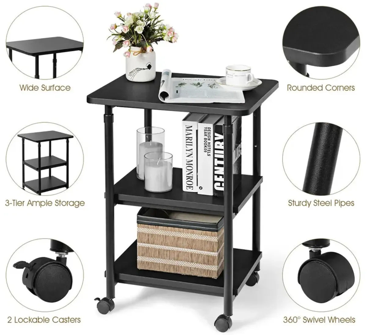 3-tier Adjustable Printer Stand with 360� Swivel Casters