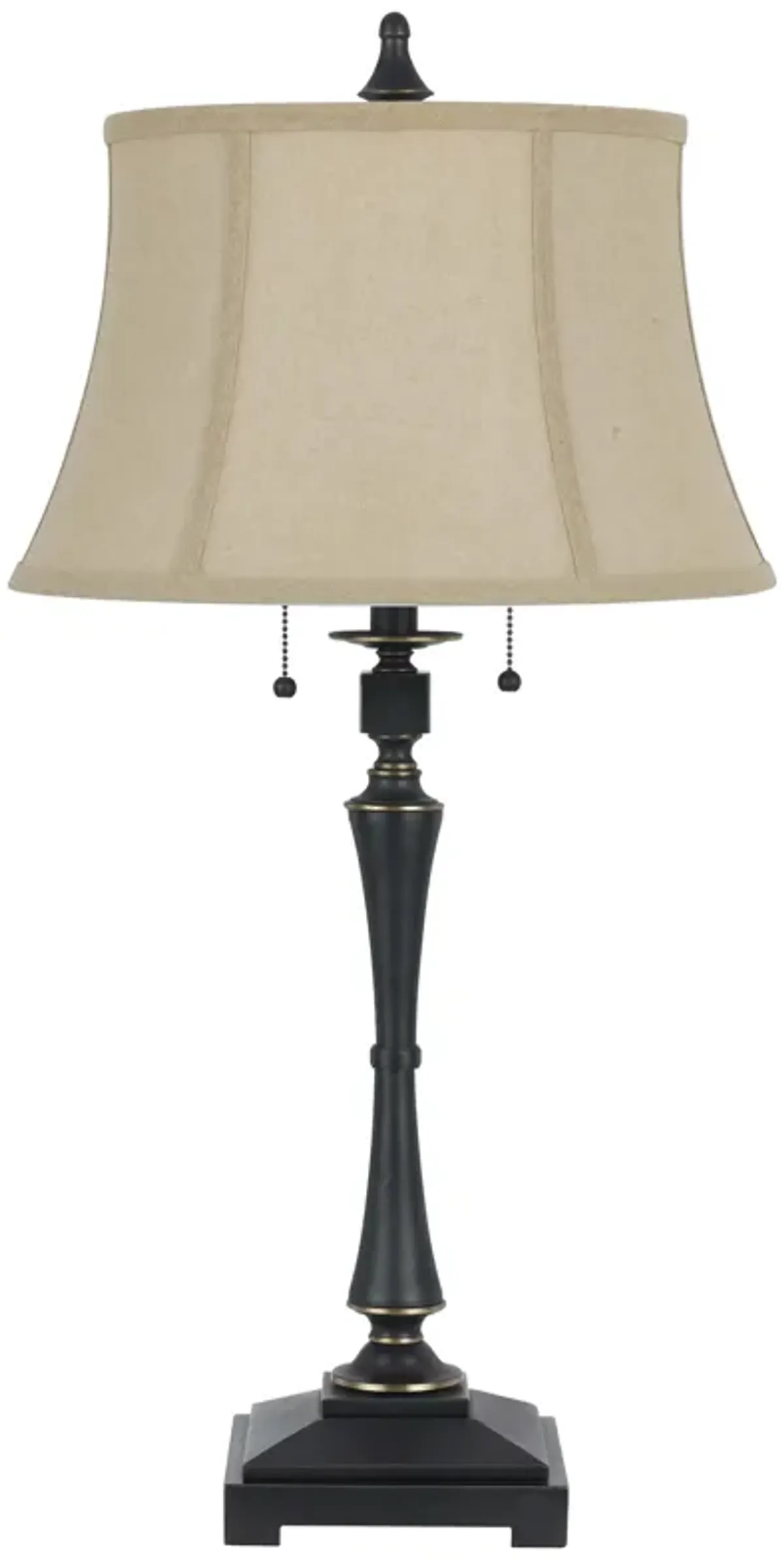 Metal Body Table Lamp with Fabric Tapered Bell Shade, Beige and Black-Benzara