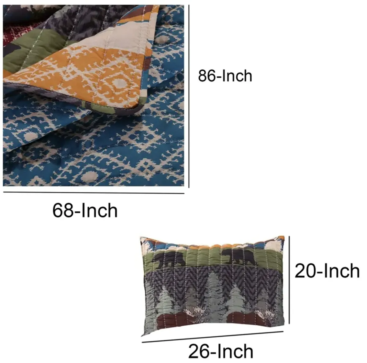 2 Piece Twin Size Quilt Set with Nature Inspired Print, Multicolor - Benzara