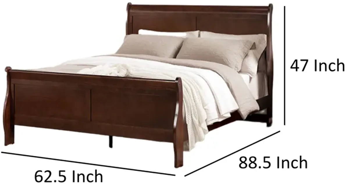 Ryla Queen Size Bed, Sleigh Panel Headboard, Dark Cherry Brown Solid Wood