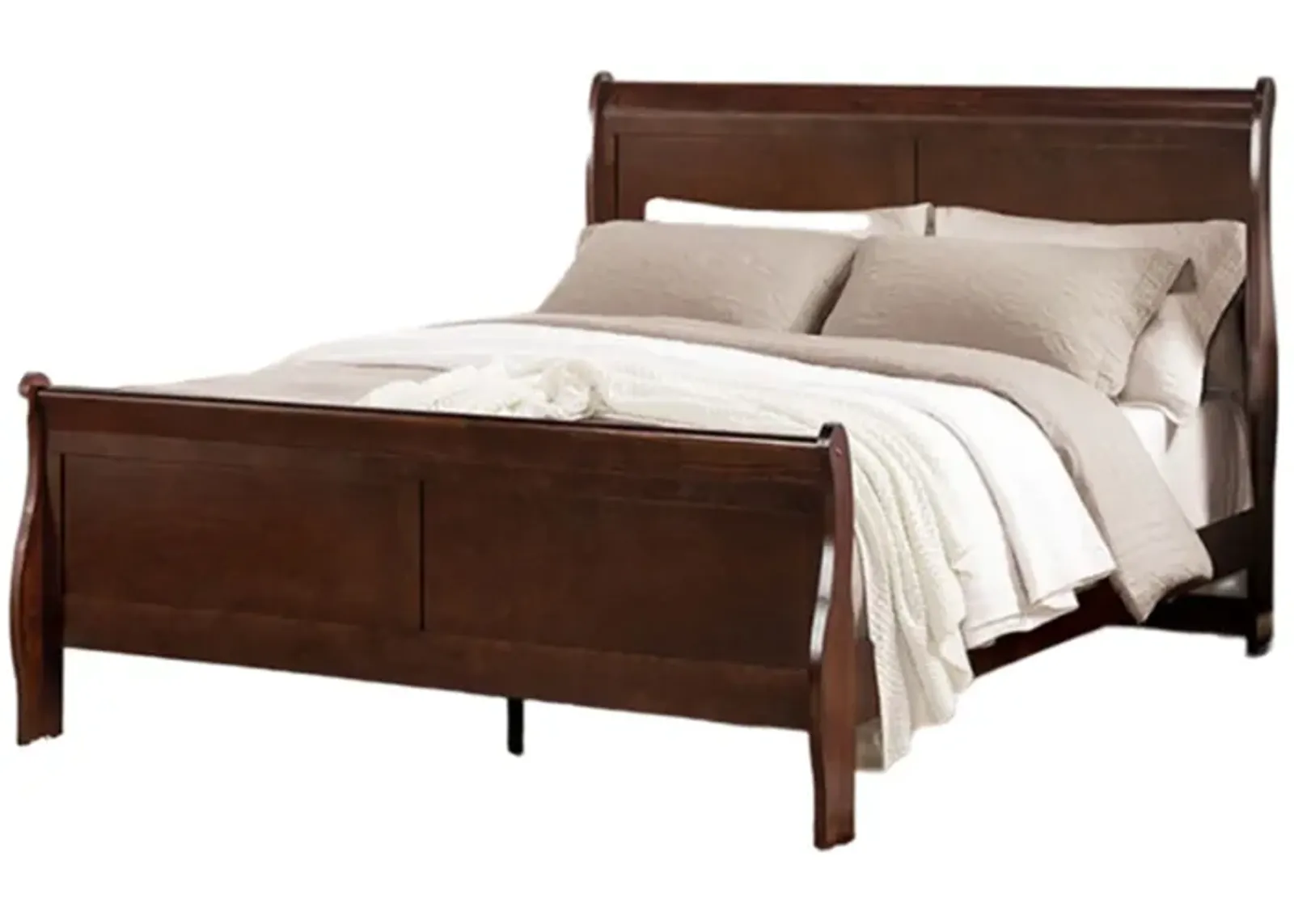 Ryla Queen Size Bed, Sleigh Panel Headboard, Dark Cherry Brown Solid Wood