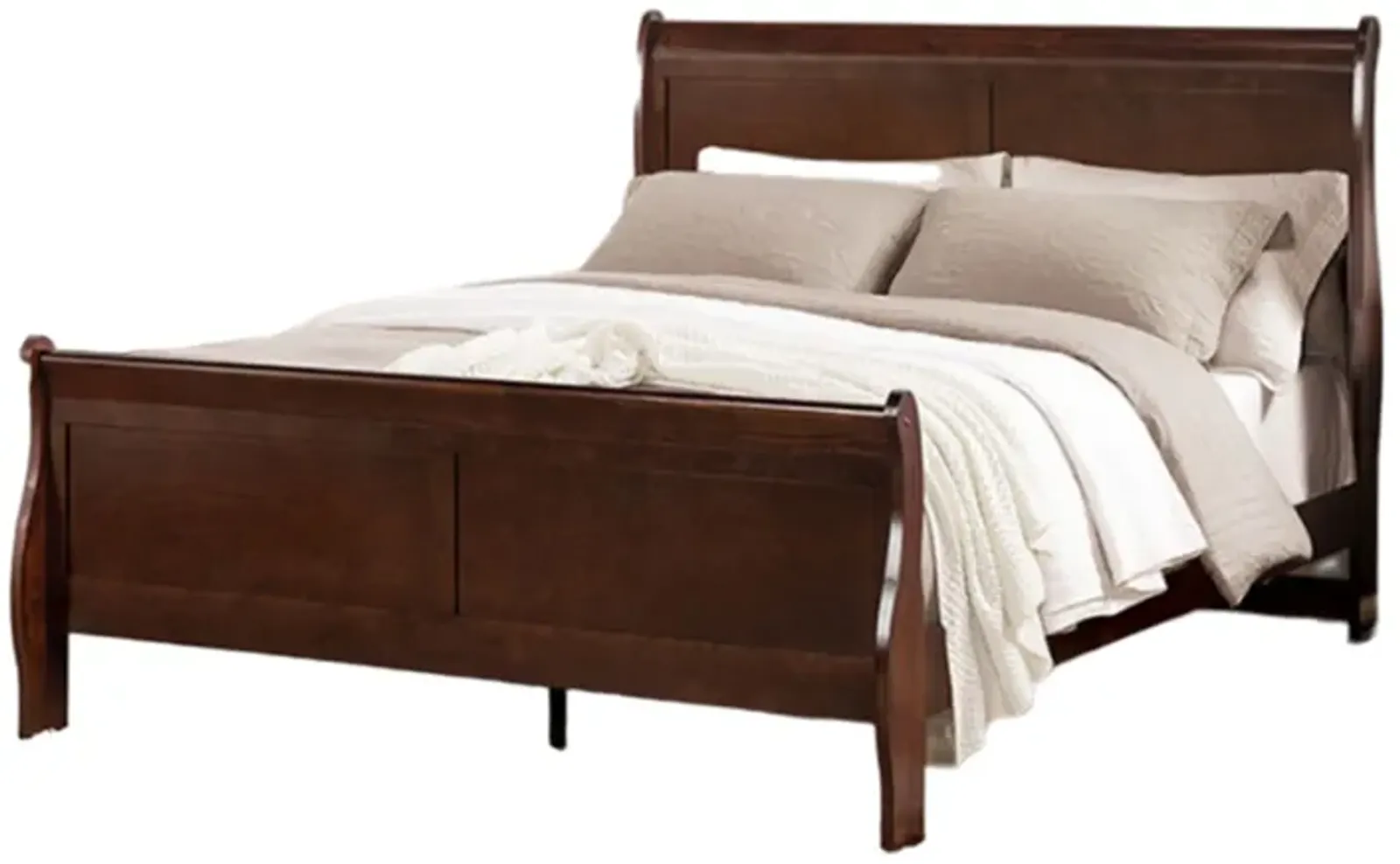 Ryla Queen Size Bed, Sleigh Panel Headboard, Dark Cherry Brown Solid Wood