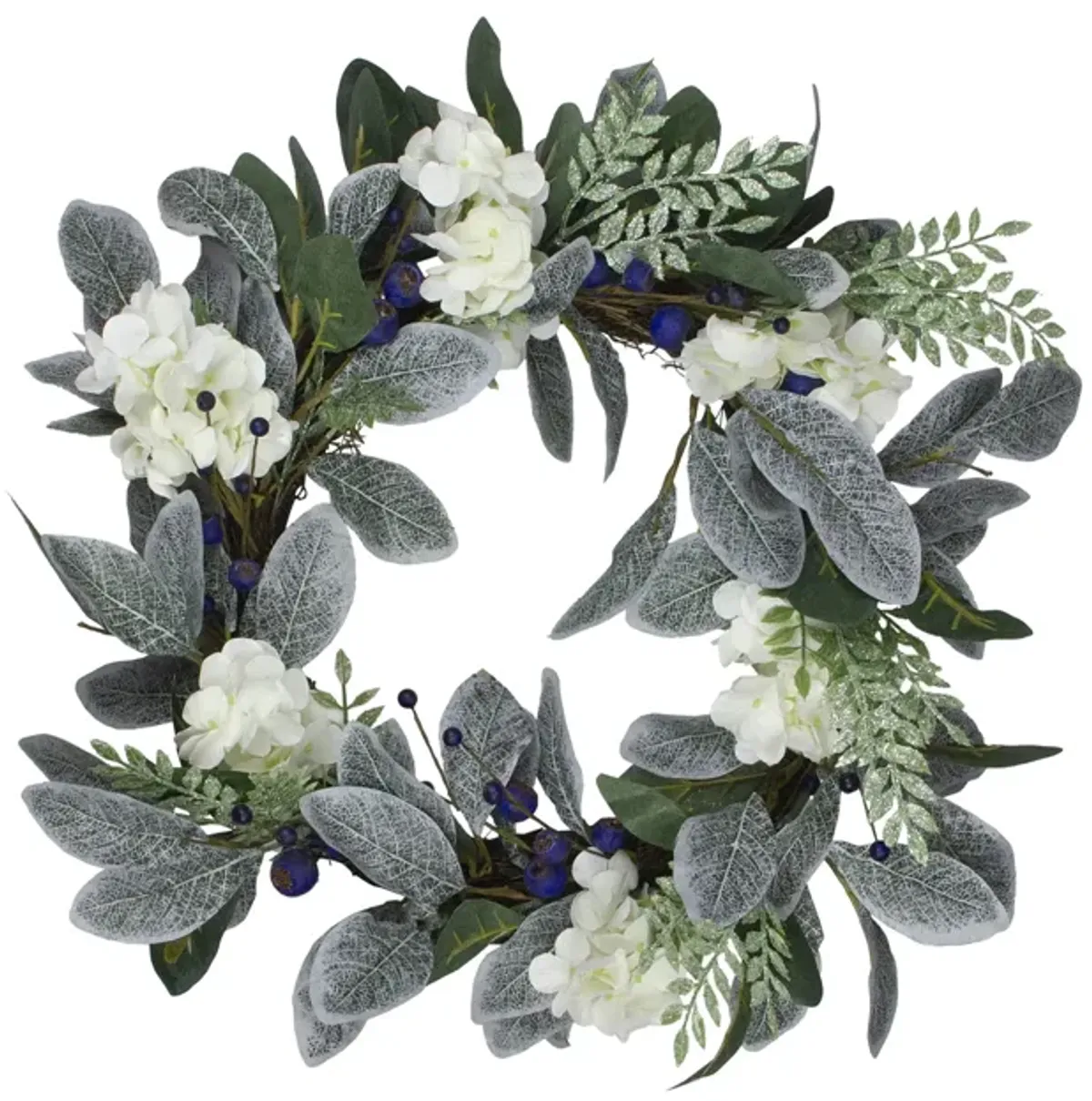 Iced Hydrangeas  Blueberries  and Foliage Artificial Christmas Wreath - 26 Inch  Unlit