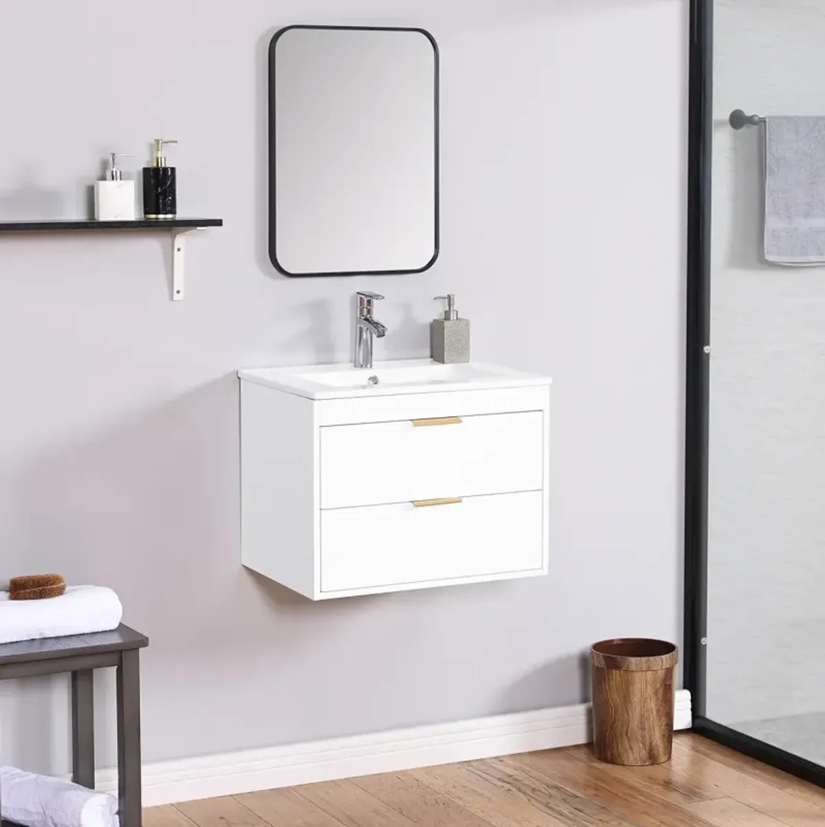 24" Floating Wall Mounted Bathroom Vanity With White Porcelain Sink And Soft Close Doors 0002