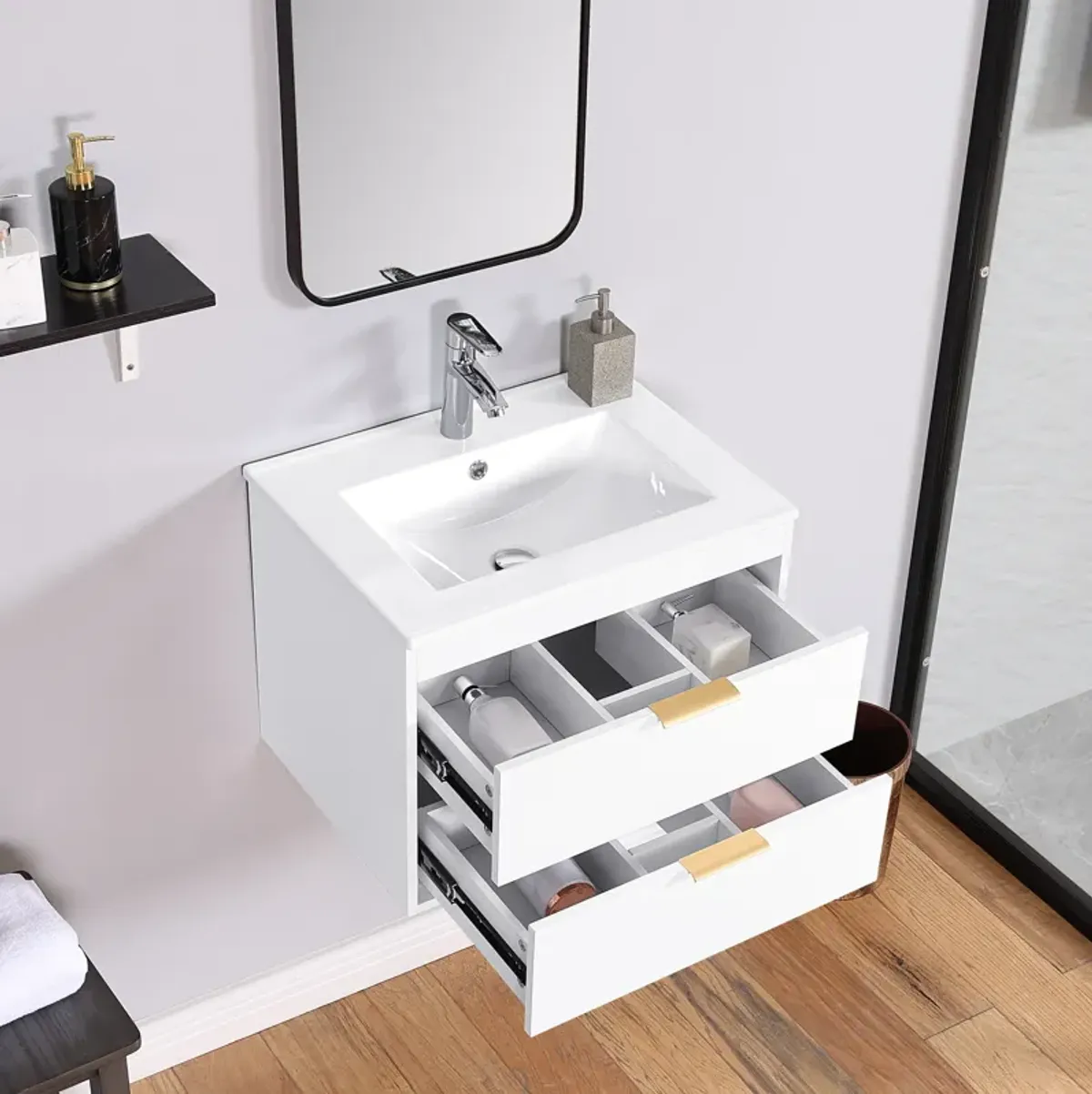 24" Floating Wall Mounted Bathroom Vanity With White Porcelain Sink And Soft Close Doors 0002