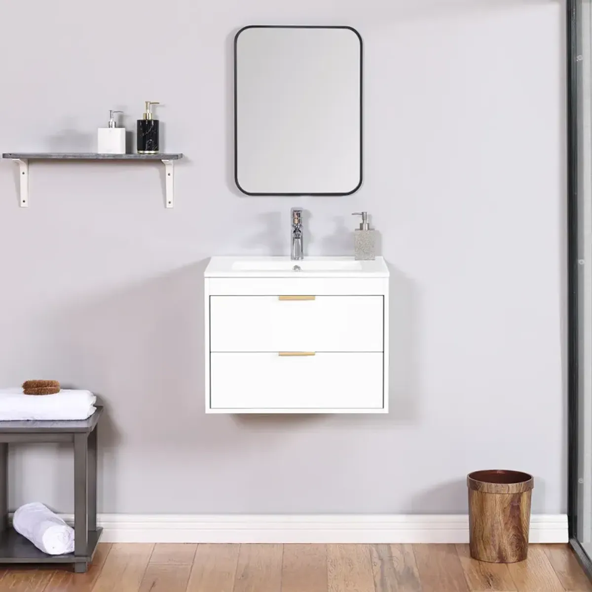 24" Floating Wall Mounted Bathroom Vanity With White Porcelain Sink And Soft Close Doors 0002