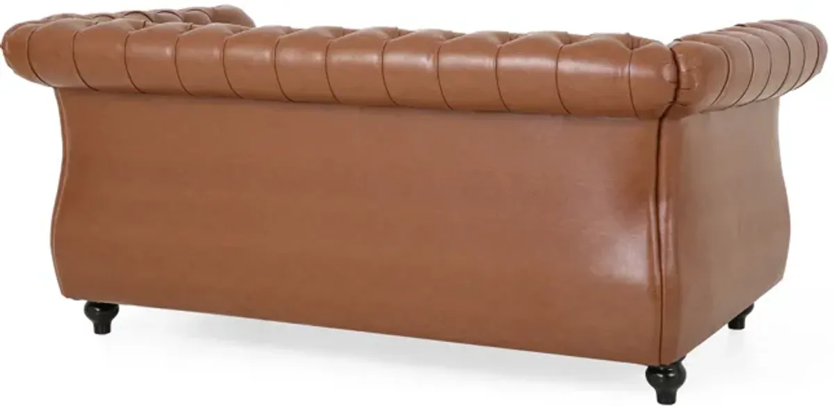 Bernie Loveseat 62 Inch Sofa, Nailhead Trim, Solid Wood, Brown Faux Leather - Benzara