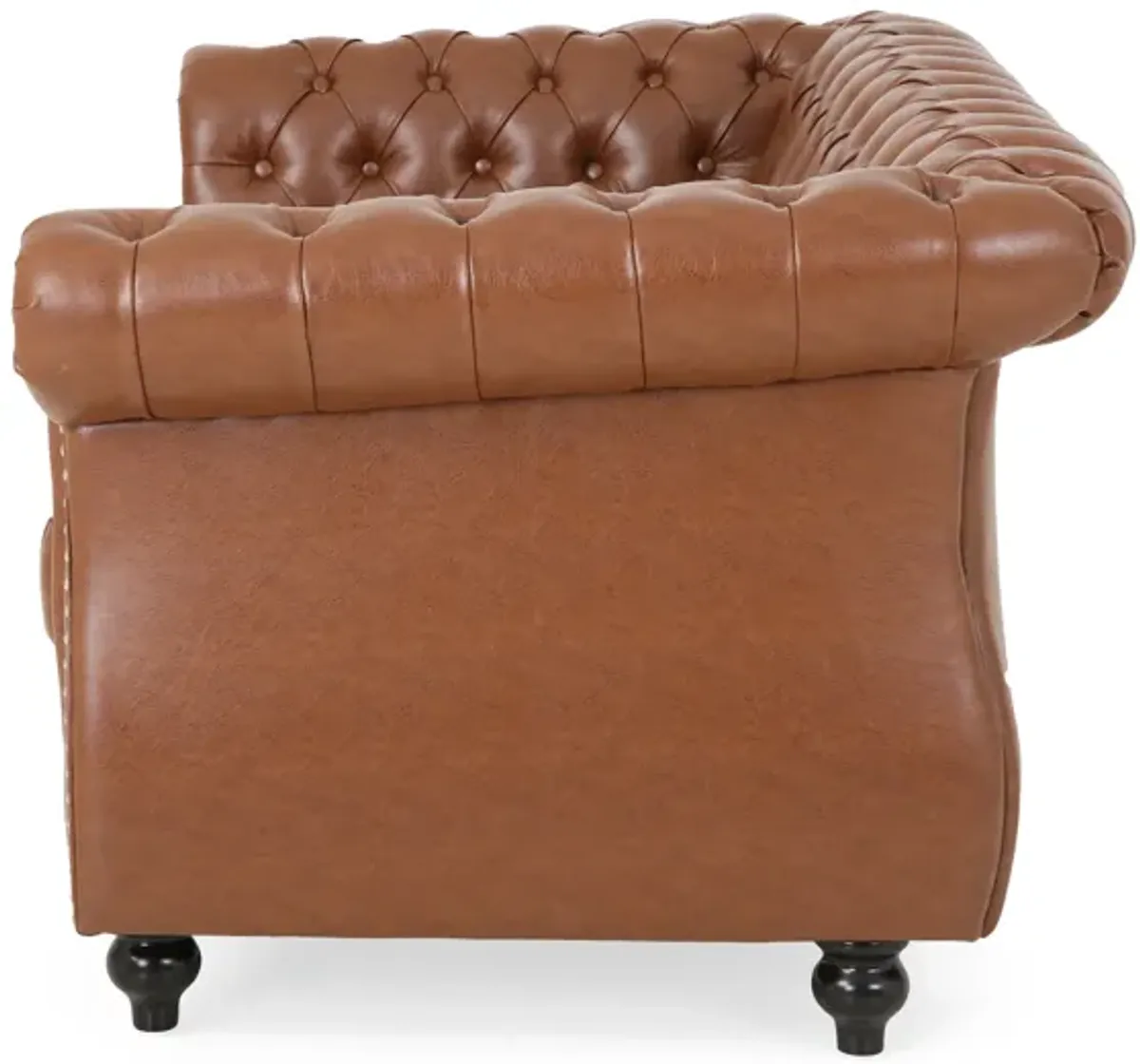 Bernie Loveseat 62 Inch Sofa, Nailhead Trim, Solid Wood, Brown Faux Leather - Benzara