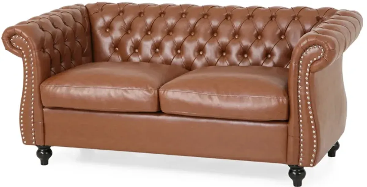 Bernie Loveseat 62 Inch Sofa, Nailhead Trim, Solid Wood, Brown Faux Leather - Benzara