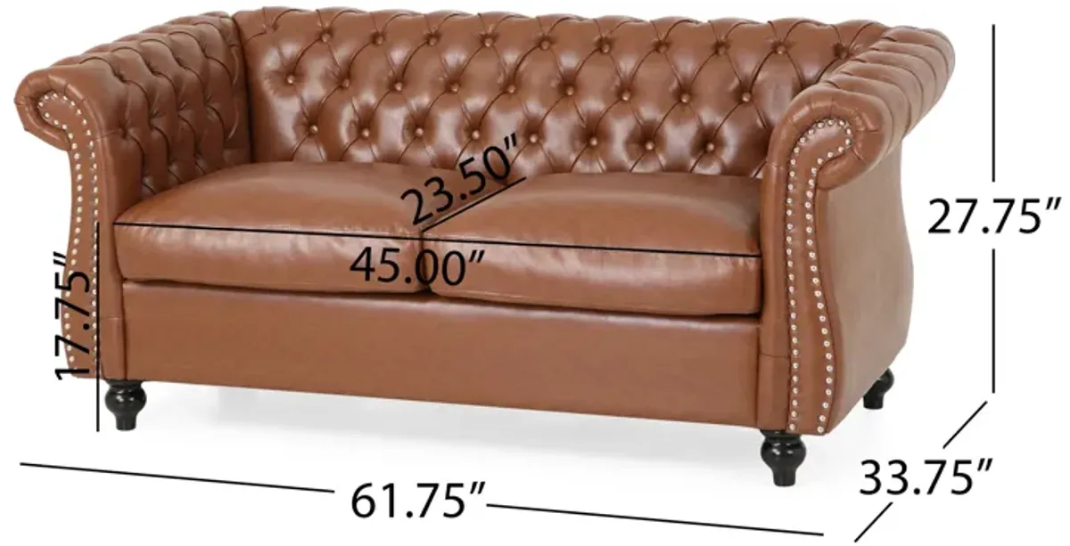 Bernie Loveseat 62 Inch Sofa, Nailhead Trim, Solid Wood, Brown Faux Leather - Benzara