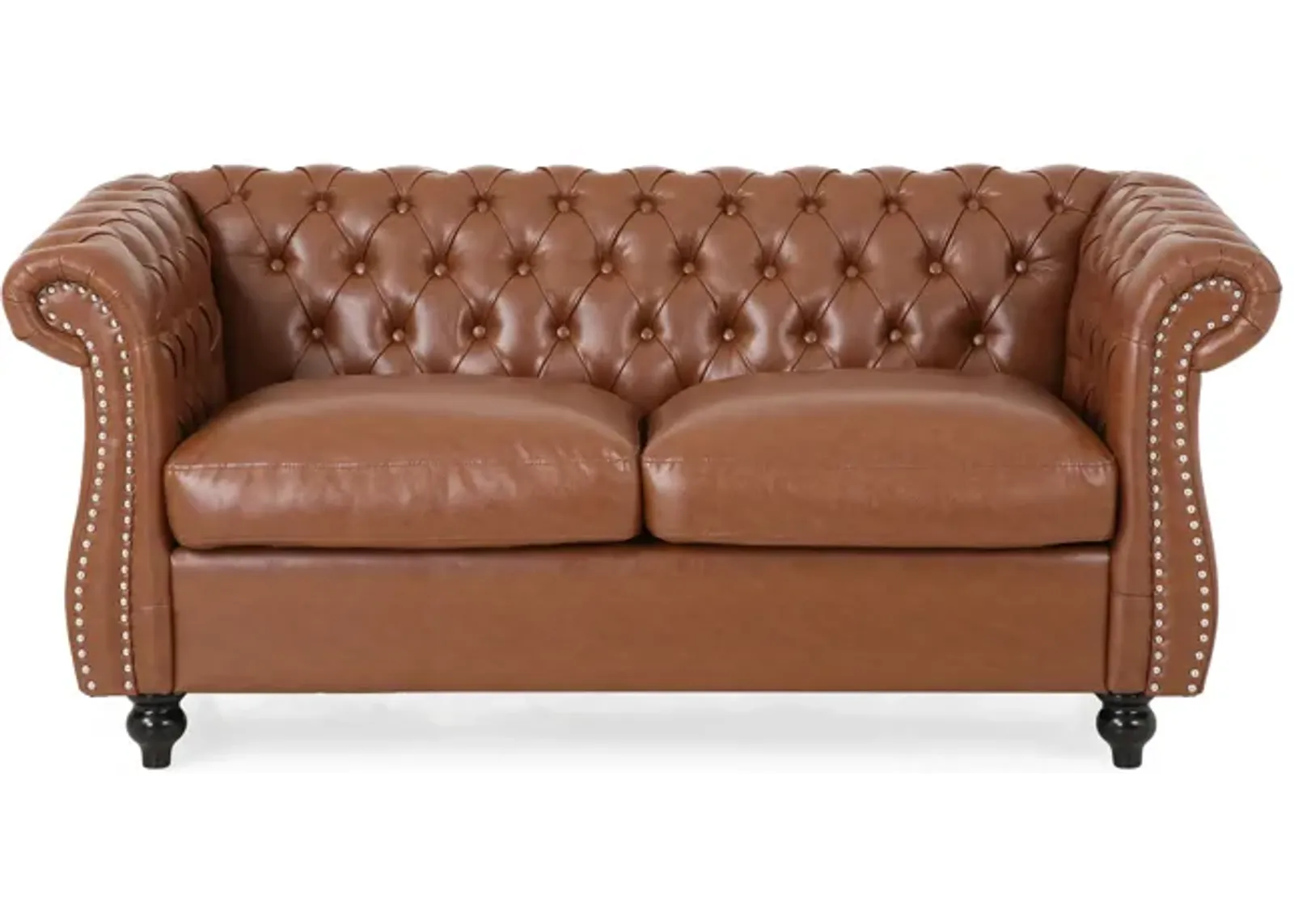 Bernie Loveseat 62 Inch Sofa, Nailhead Trim, Solid Wood, Brown Faux Leather - Benzara