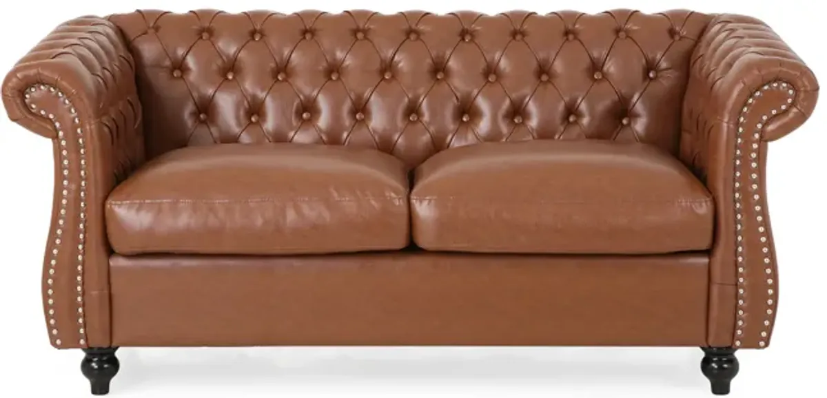 Bernie Loveseat 62 Inch Sofa, Nailhead Trim, Solid Wood, Brown Faux Leather - Benzara