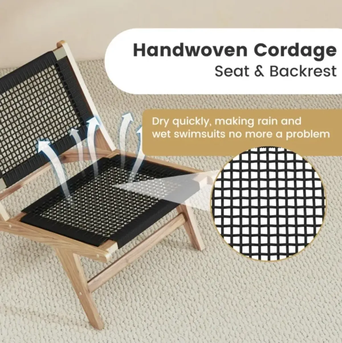 Hivvago Indoor Outdoor Teak Wooden Chair with Handwoven Cordage Seat and Backrest