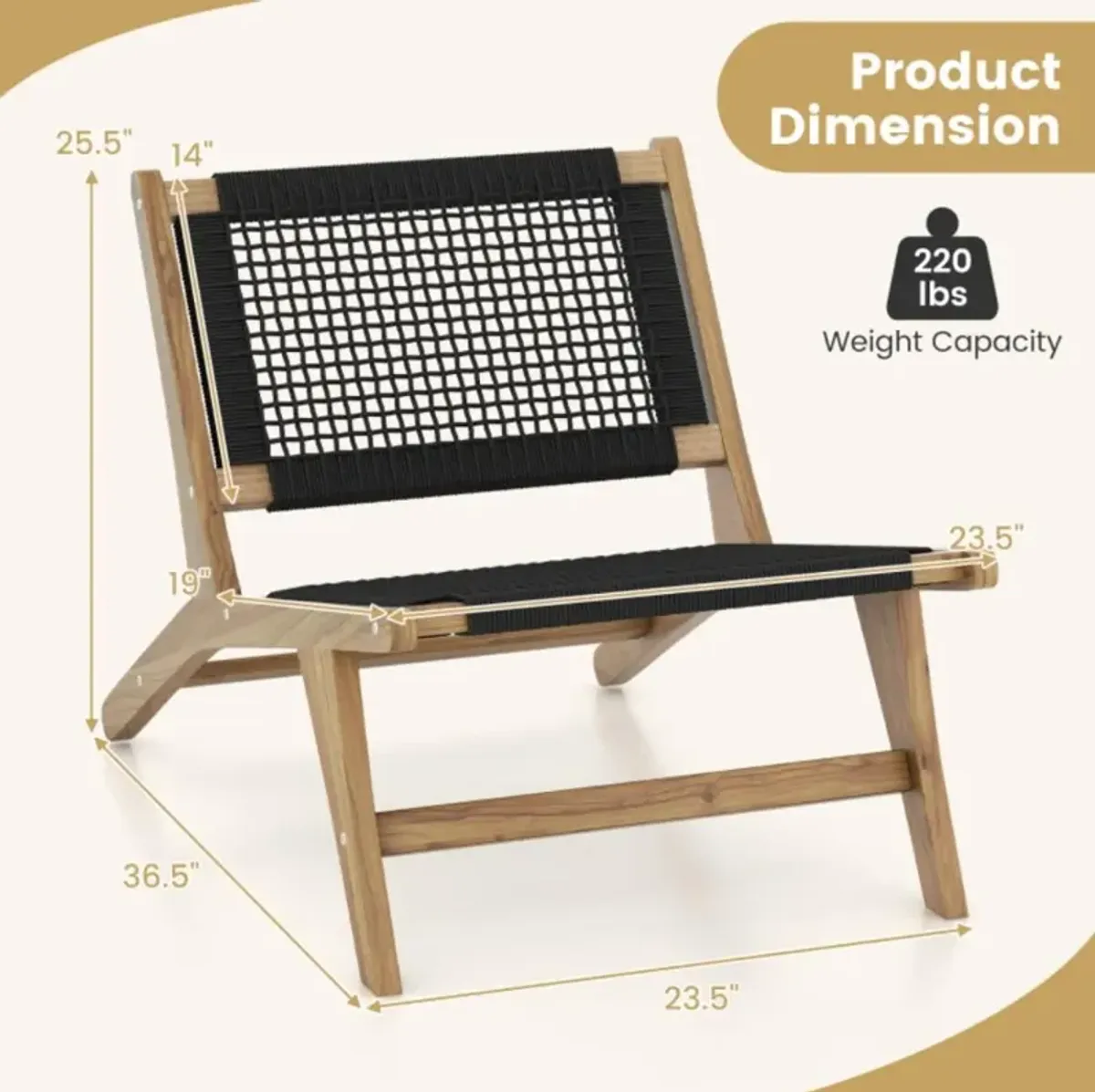 Hivvago Indoor Outdoor Teak Wooden Chair with Handwoven Cordage Seat and Backrest