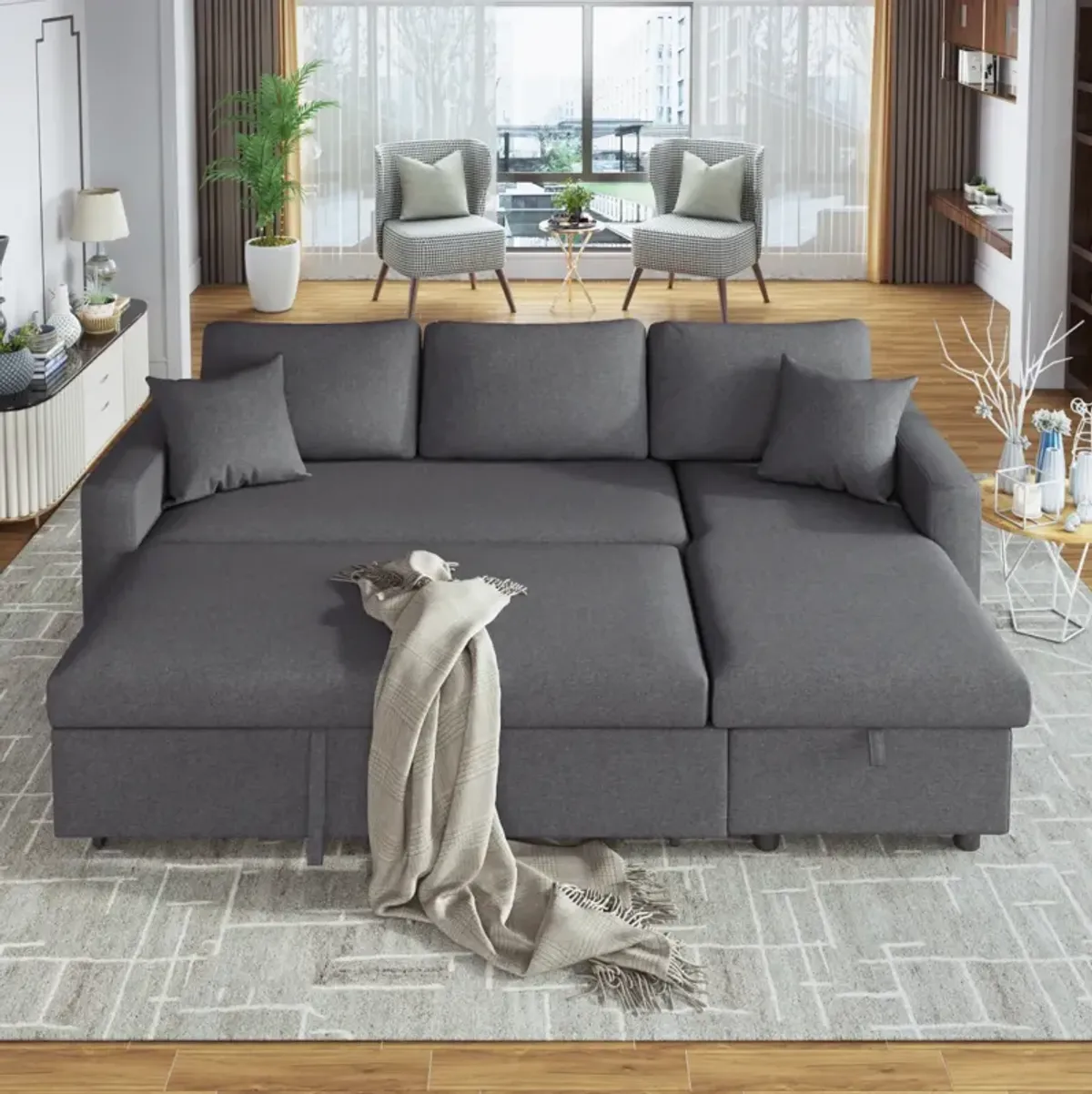 Upholstery Sleeper Sectional Sofa With Storage Space, 2 Tossing Cushions