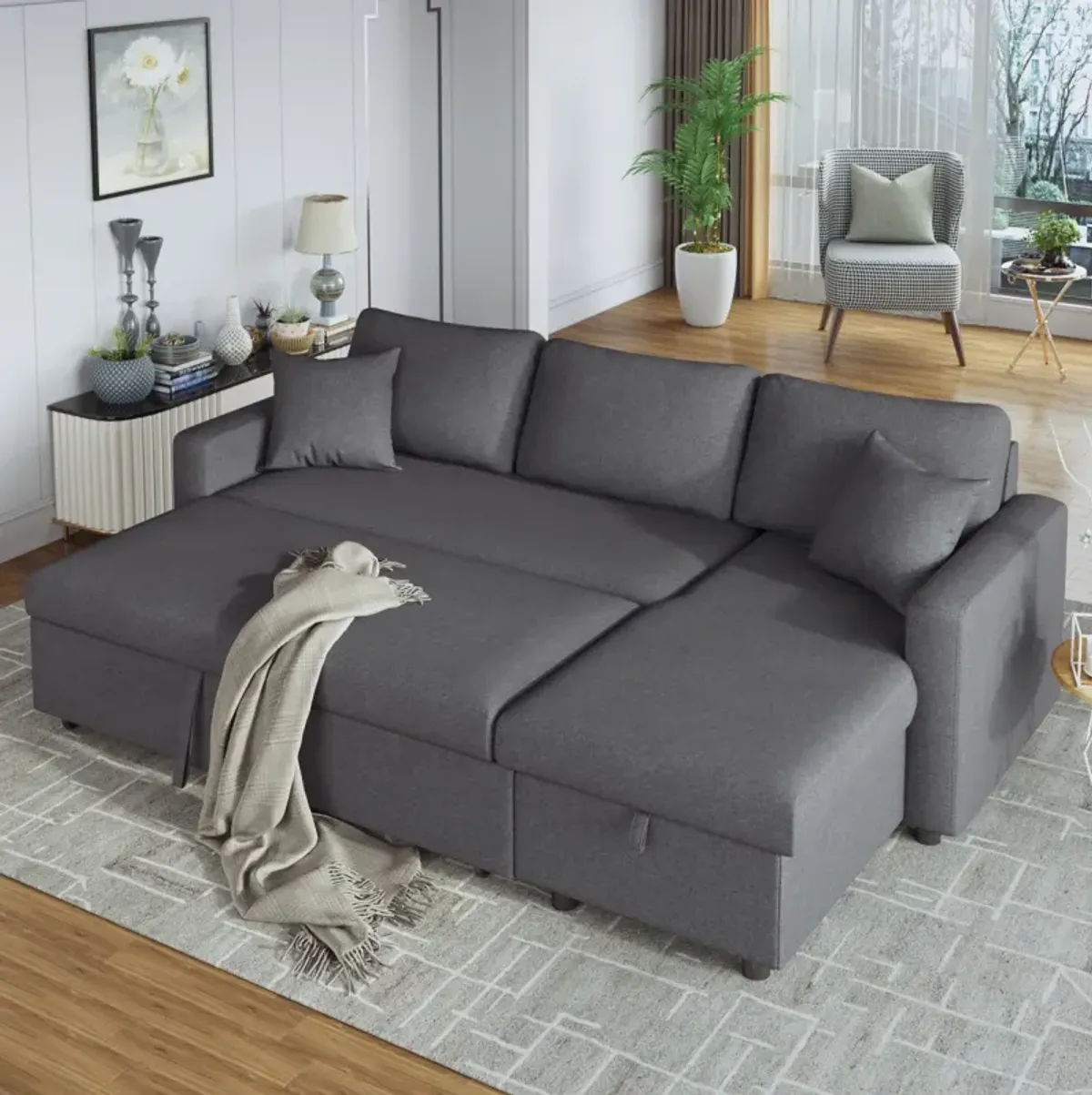 Upholstery Sleeper Sectional Sofa With Storage Space, 2 Tossing Cushions