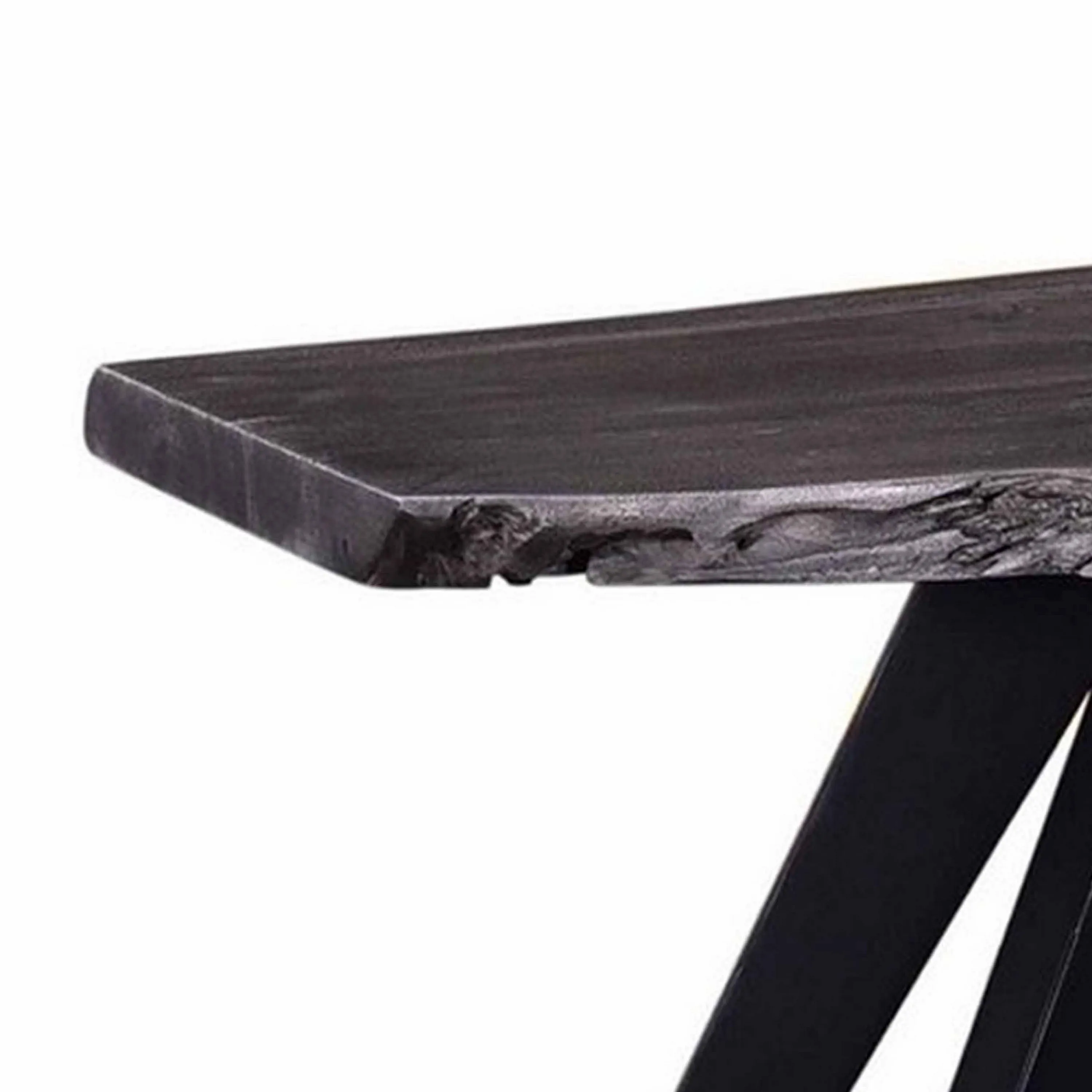 Salz 60 Inch Modern Dining Bench, Acacia Wood, Live Edge, Gray, Black-Benzara