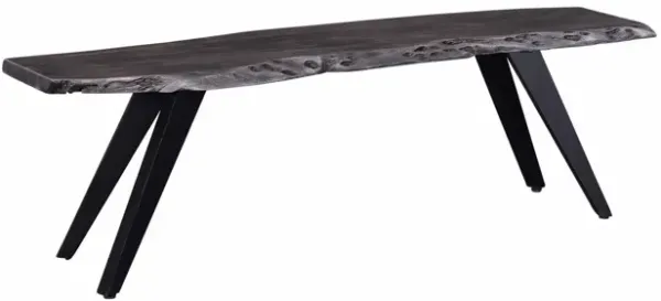 Salz 60 Inch Modern Dining Bench, Acacia Wood, Live Edge, Gray, Black - Benzara