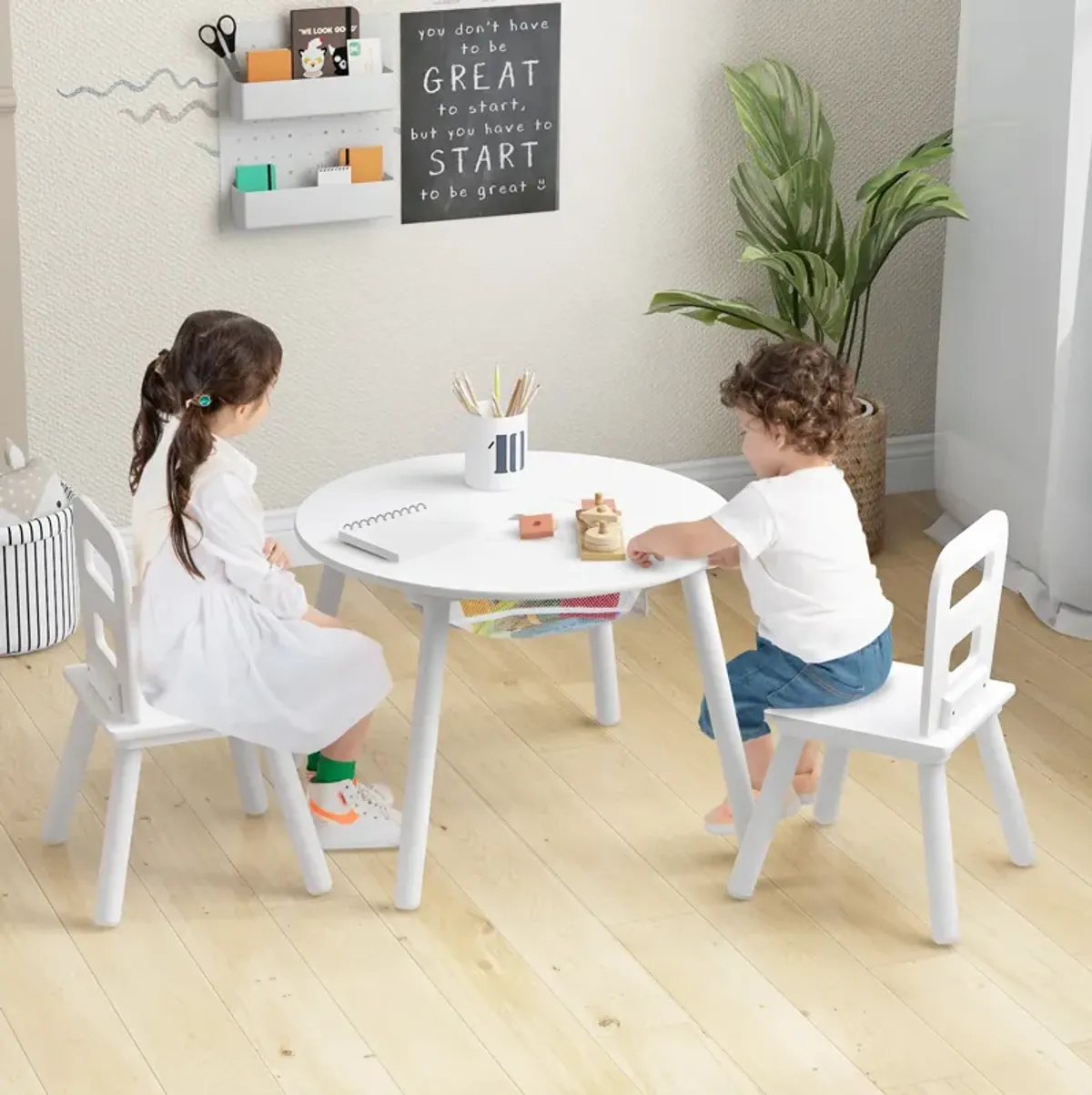 Wood Activity Kids Table and Chair Set with Center Mesh Storage for Snack Time and Homework