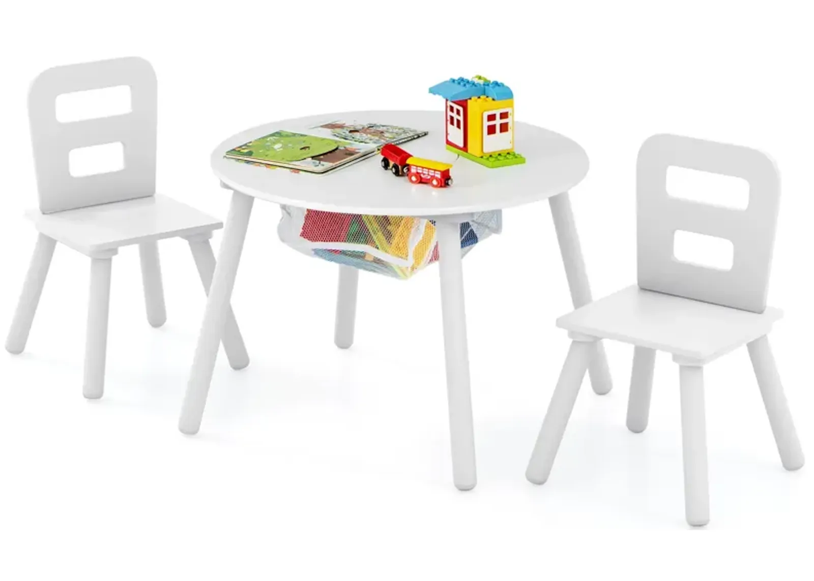 Wood Activity Kids Table and Chair Set with Center Mesh Storage for Snack Time and Homework