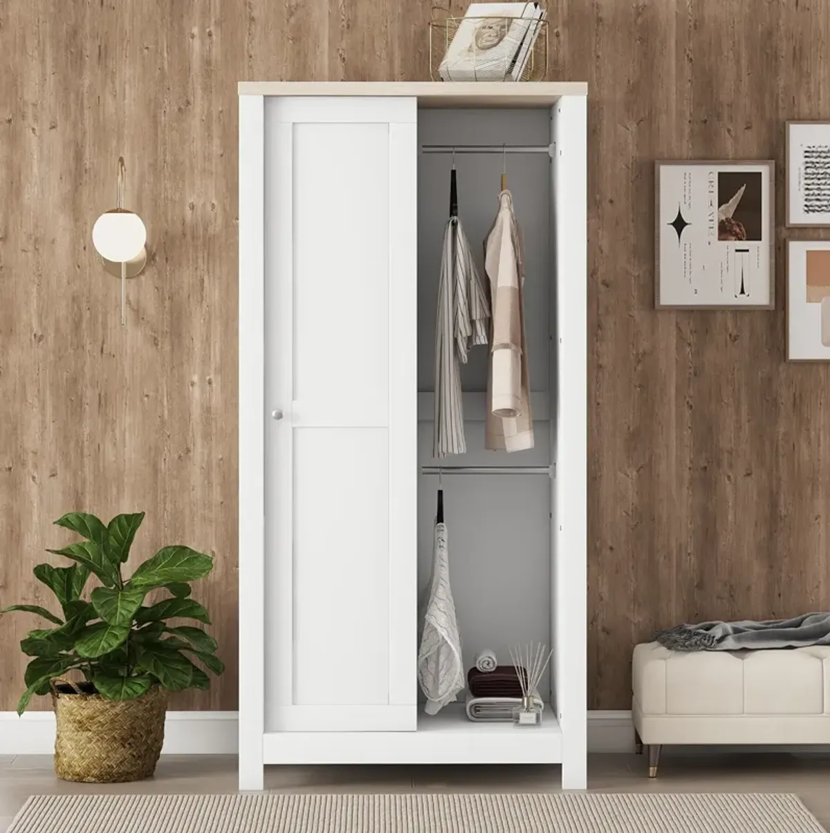 Merax Bedroom Wardrobe with Hanging Rods and 2 Drawers