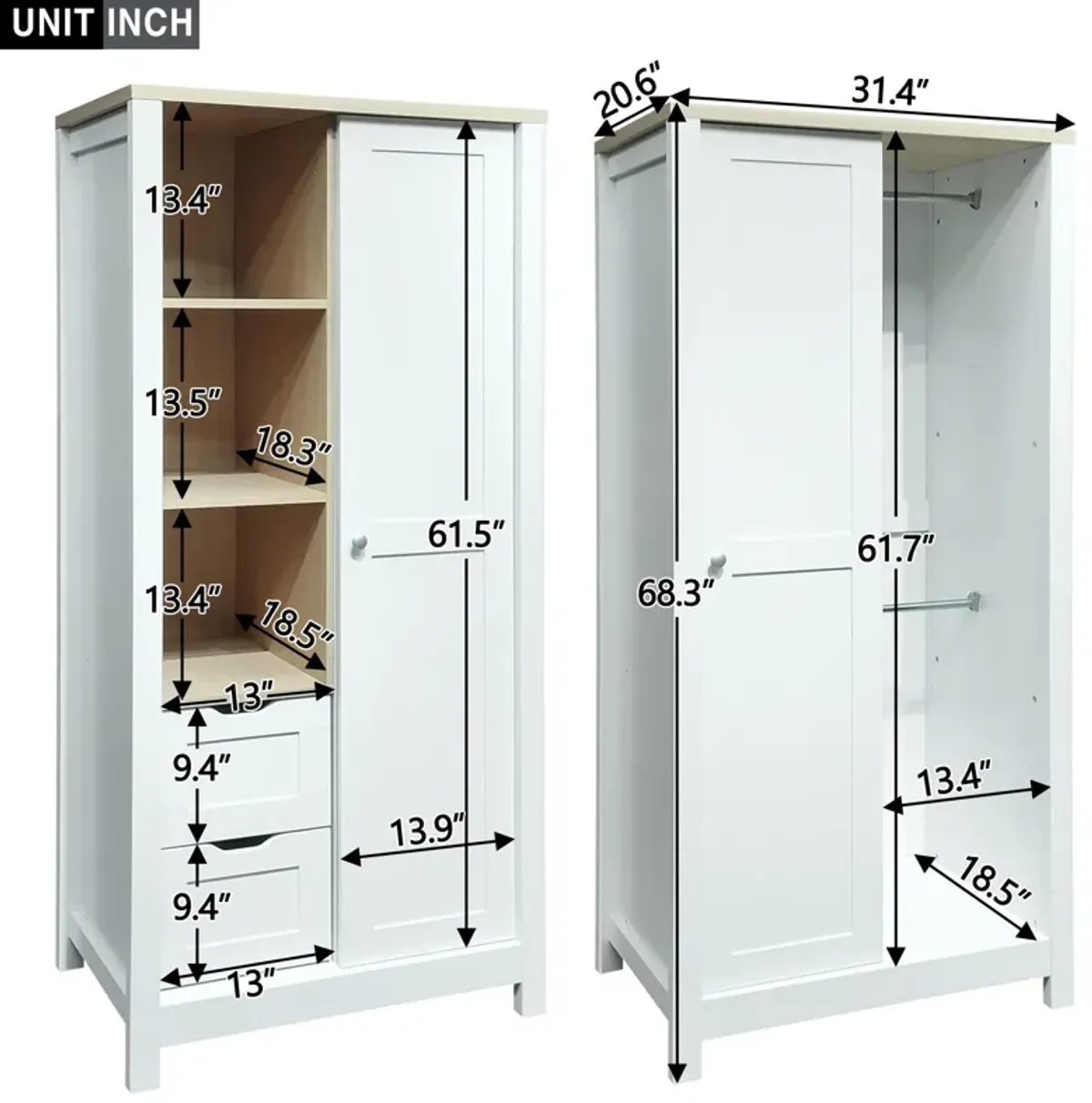 Merax Bedroom Wardrobe with Hanging Rods and 2 Drawers