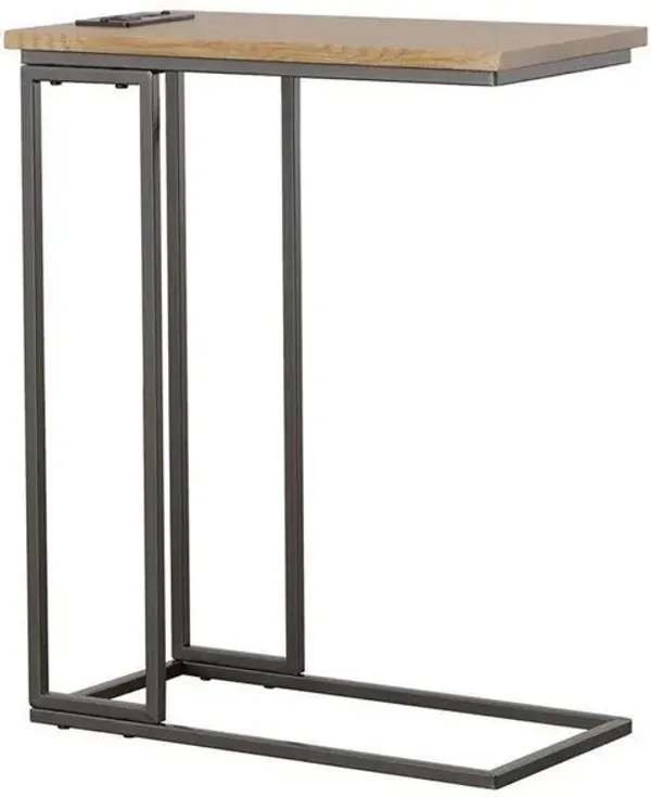 23 Inch Modern C Shape Side End Table, Wood, Metal Frame, USB, Light Brown-Benzara