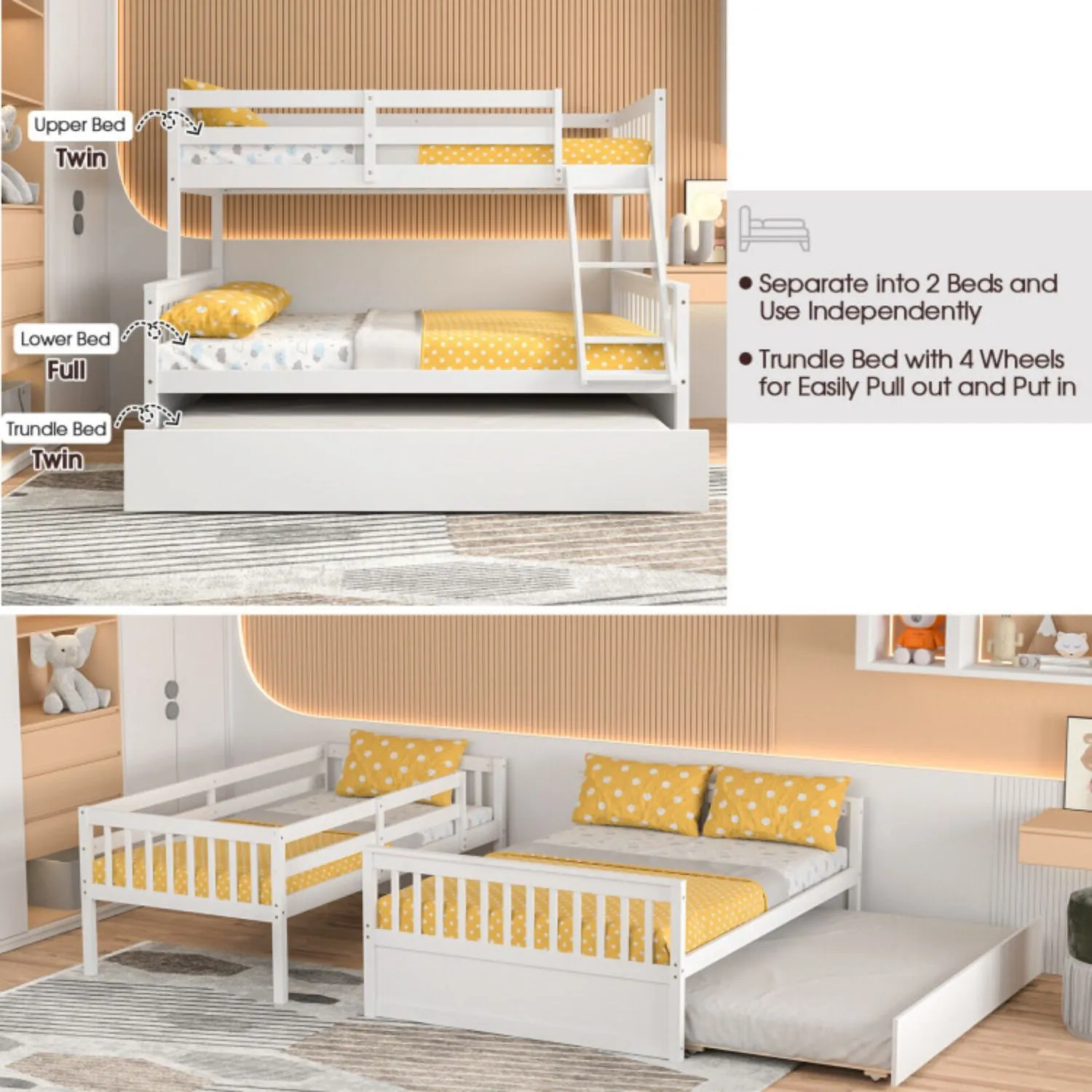 Twin Over Full Convertible Bunk Bed with Twin Trundle