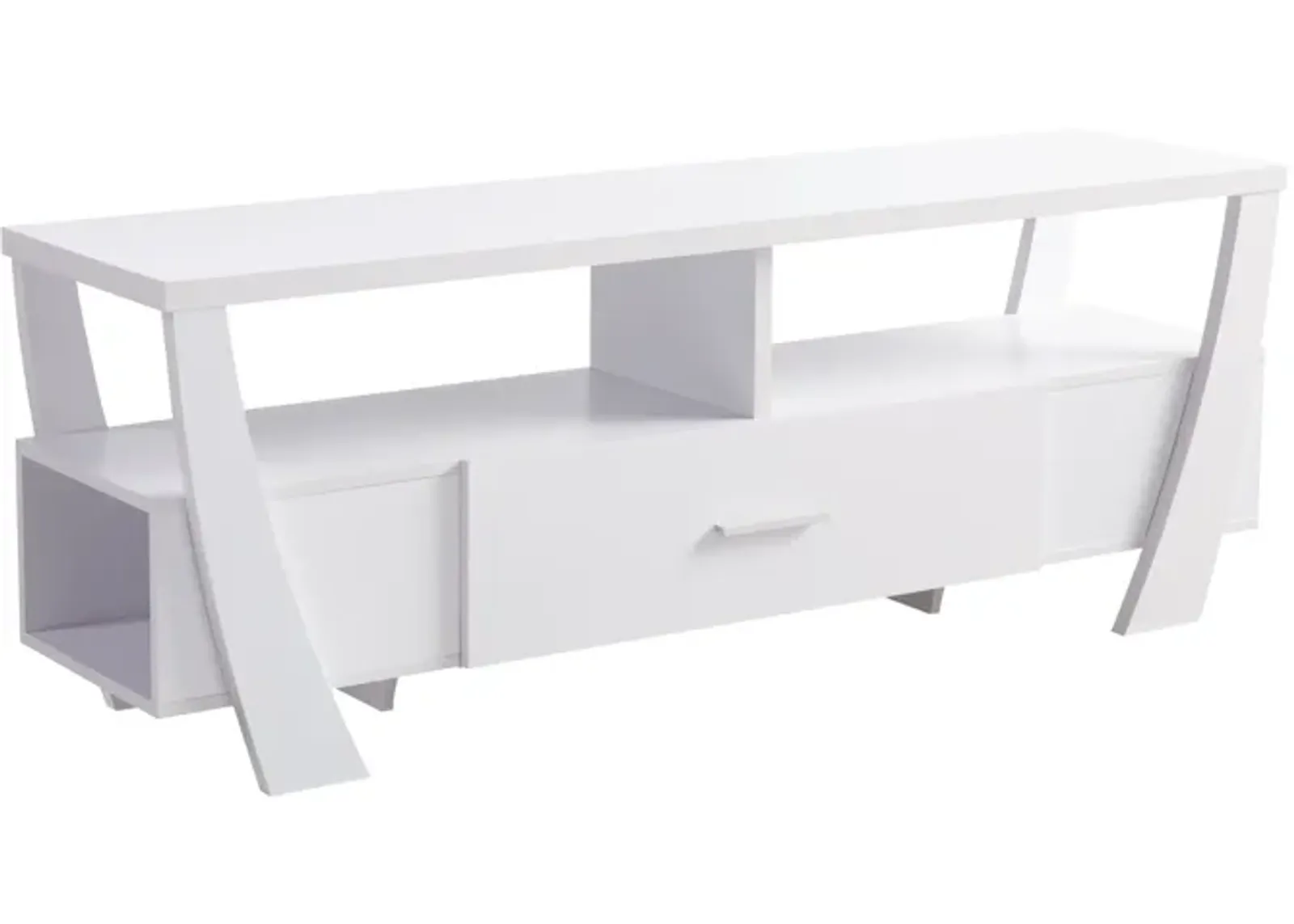 Ayan 60 Inch TV Entertainment Console, 3 Shelves and 1 Drawer, Crisp White-Benzara