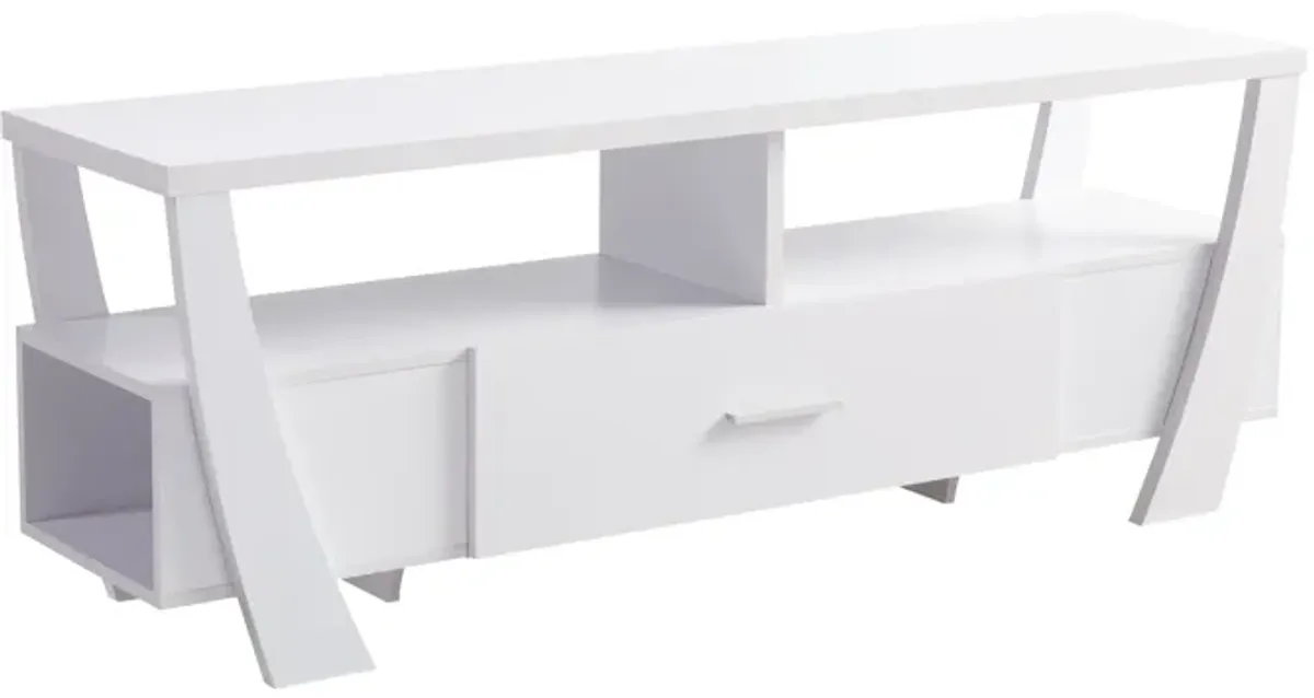 Ayan 60 Inch TV Entertainment Console, 3 Shelves and 1 Drawer, Crisp White-Benzara