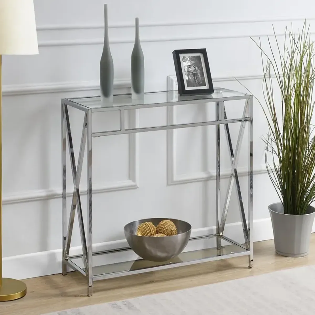 Convenience Concepts Oxford Chrome Glass Hall Table with Shelf