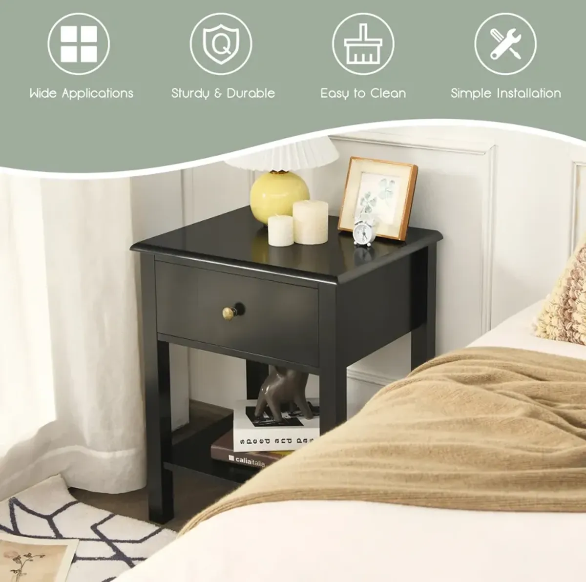 Nightstand End Table with Drawer and Shelf