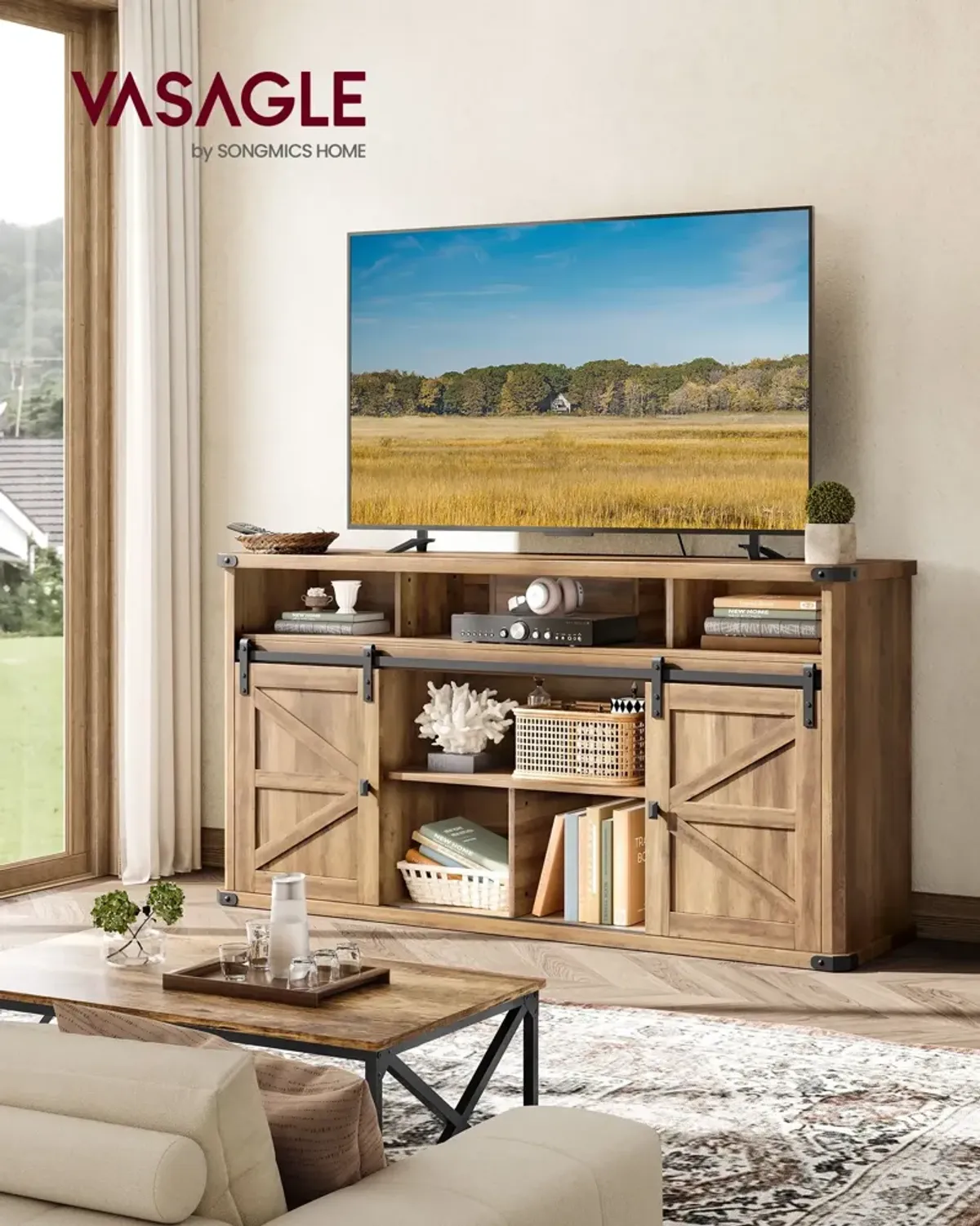 TV Stand for TVs up to 65 Inches, Farmhouse Entertainment Center with Sliding Barn Doors