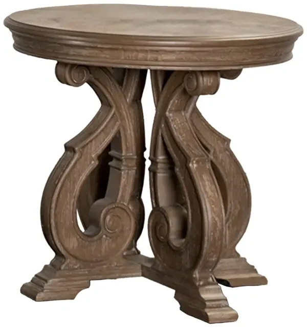 Gia Side End Table, 27 Inch Round Top, Carved Details, Brown Solid Wood