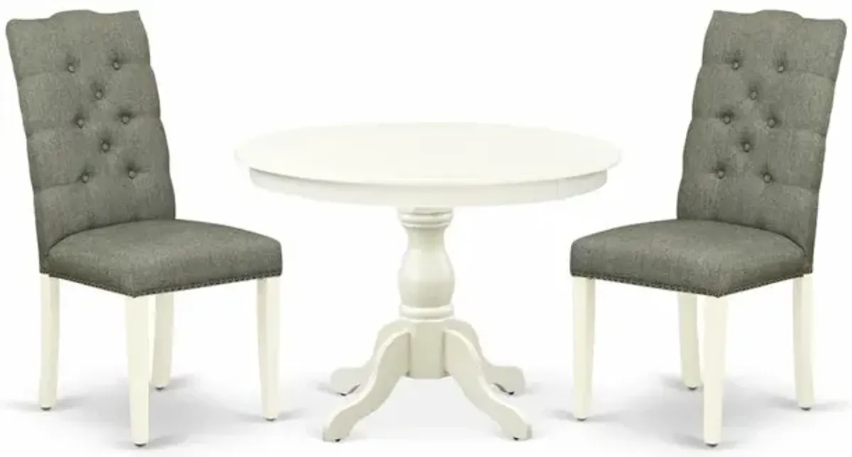 East West Furniture HBEL3-LWH-07 3 Piece Dining Room Set - Linen White Wood Dining Table and 2 Smoke Linen Fabric Mid Century Modern Chairs Button Tufted Back with Nail Heads - Linen White Finish