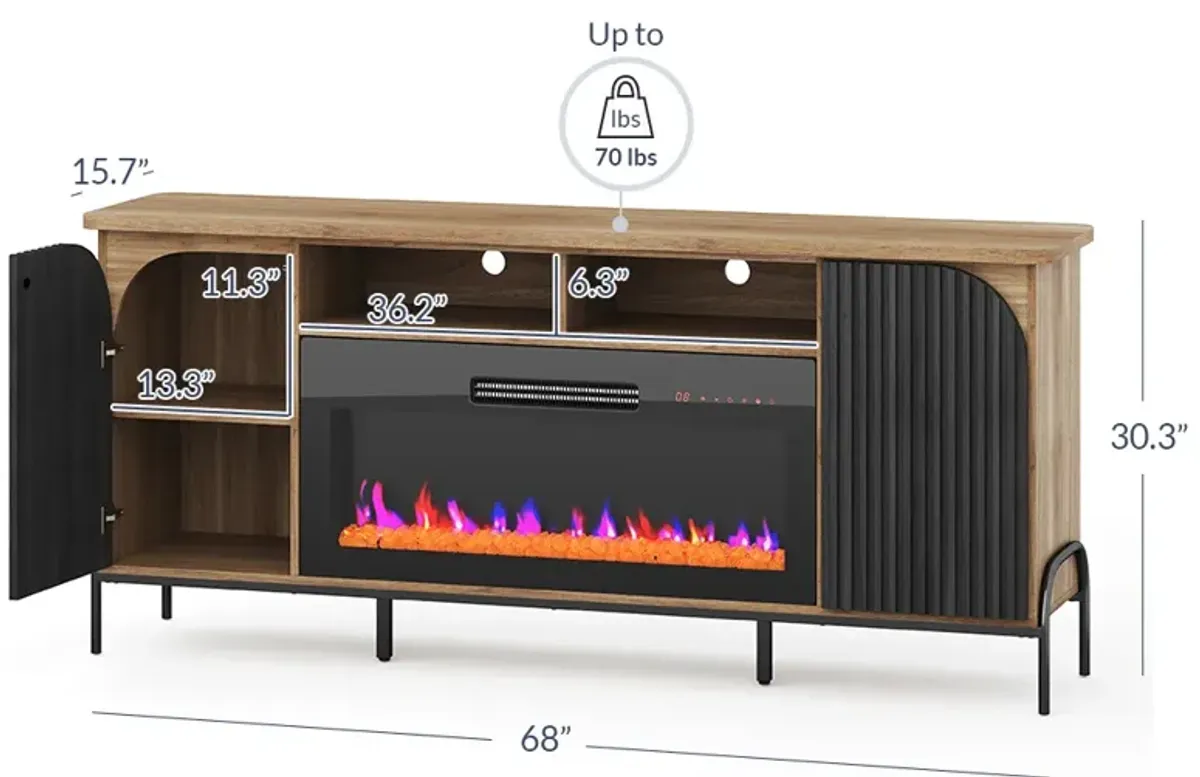 BELLEZE 68 Inch Fluted TV Stands with 36" Electric Fireplace,?Modern Fluted Entertainment Center with Open Storage Shelves& Cabinets, Media Console TV Cabinet For Living Room Bedroom (Camel)