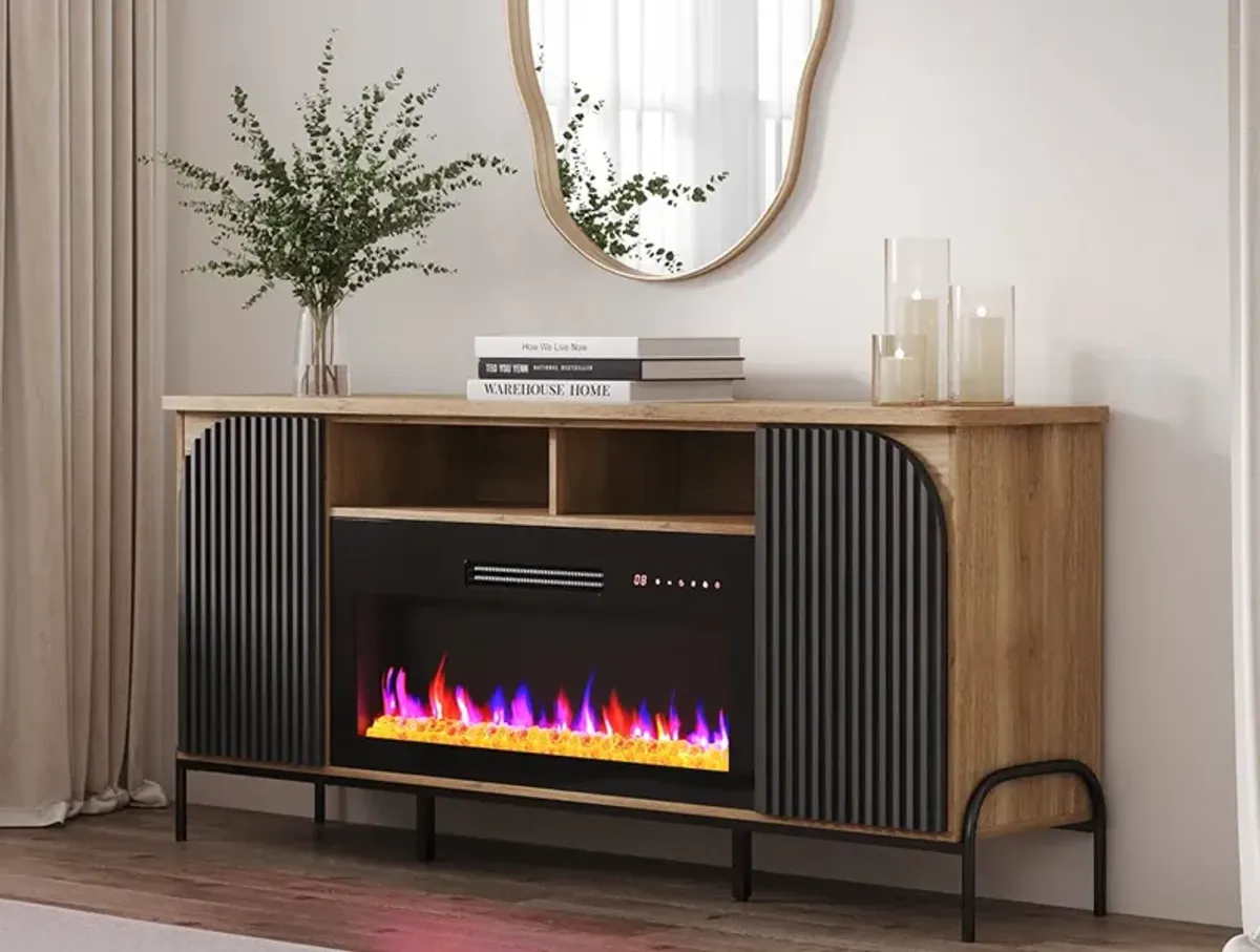 BELLEZE 68 Inch Fluted TV Stands with 36" Electric Fireplace,?Modern Fluted Entertainment Center with Open Storage Shelves& Cabinets, Media Console TV Cabinet For Living Room Bedroom (Camel)