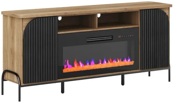 BELLEZE 68 Inch Fluted TV Stands with 36" Electric Fireplace,?Modern Fluted Entertainment Center with Open Storage Shelves& Cabinets, Media Console TV Cabinet For Living Room Bedroom (Camel)