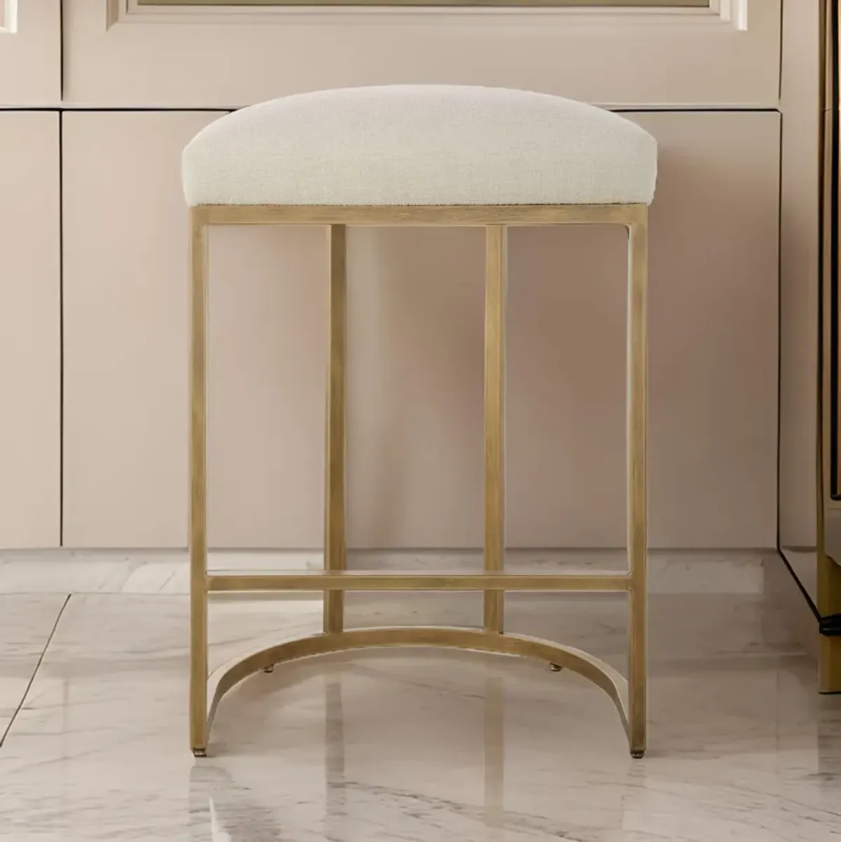 Gyn Counter Height Stool, Cream Performance Fabric, Brass Cantilever Base