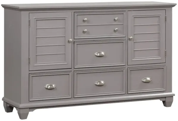 Limi Dresser, 6 Drawers, 2 Door Cabinets, Light Gray Wood 61 Inch - Benzara