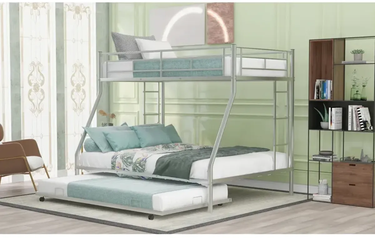 Twin Over Full Bed With Sturdy Steel Frame, Bunk Bed With Twin Size Trundle, Two-Side Ladders