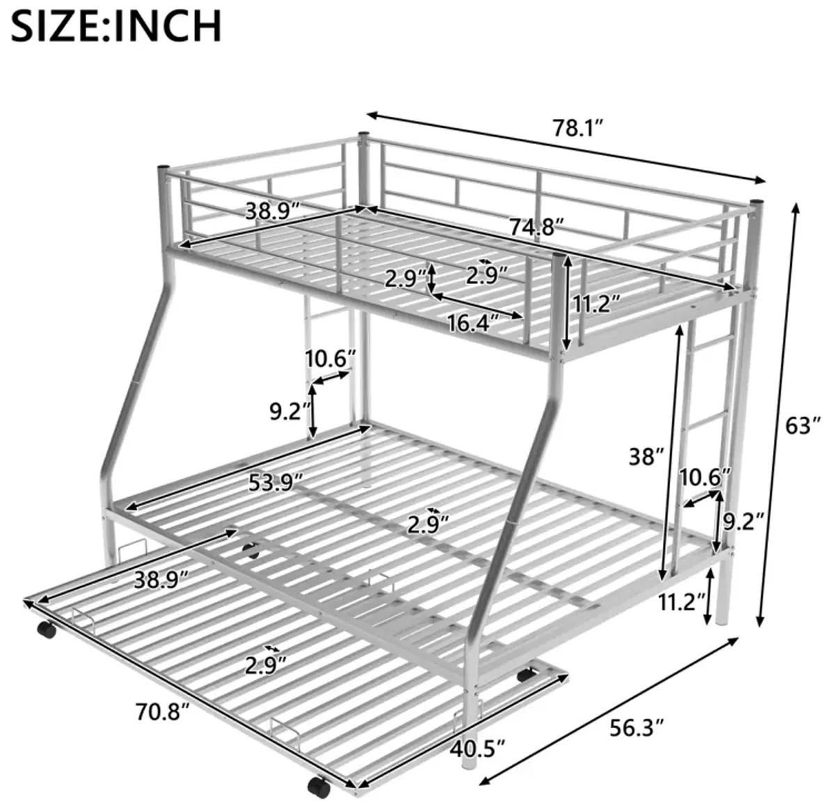 Twin Over Full Bed With Sturdy Steel Frame, Bunk Bed With Twin Size Trundle, Two-Side Ladders