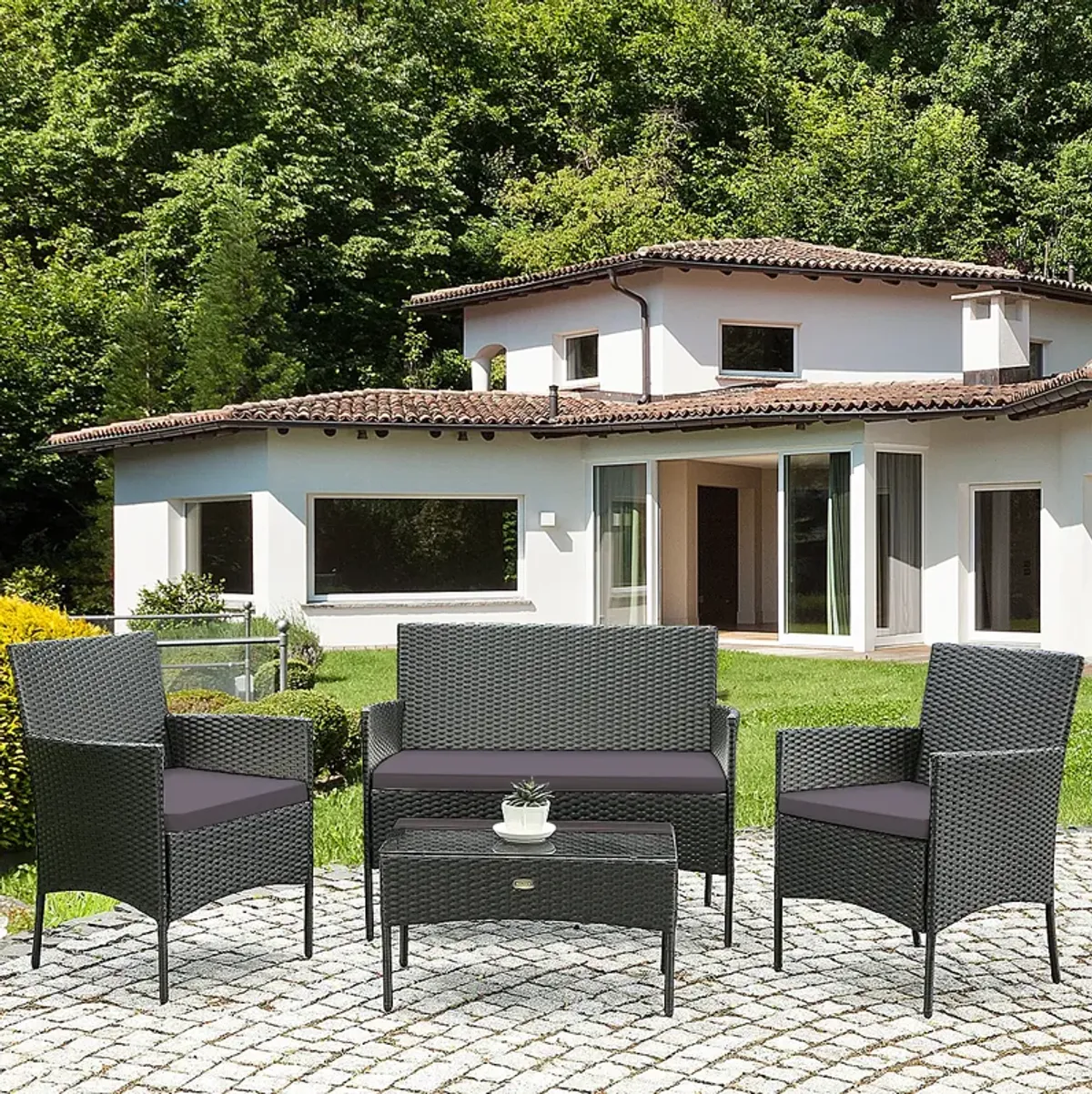 4 Pieces Patio Rattan Cushioned Sofa Set with Tempered Glass Coffee Table